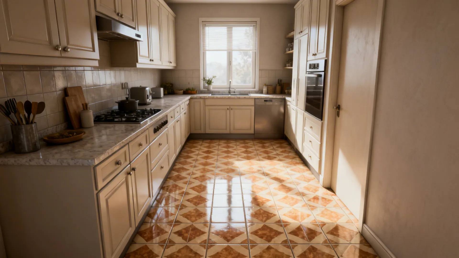 Kitchen with brown pattern floor tiles and cream cabinets under sunlight from a large window