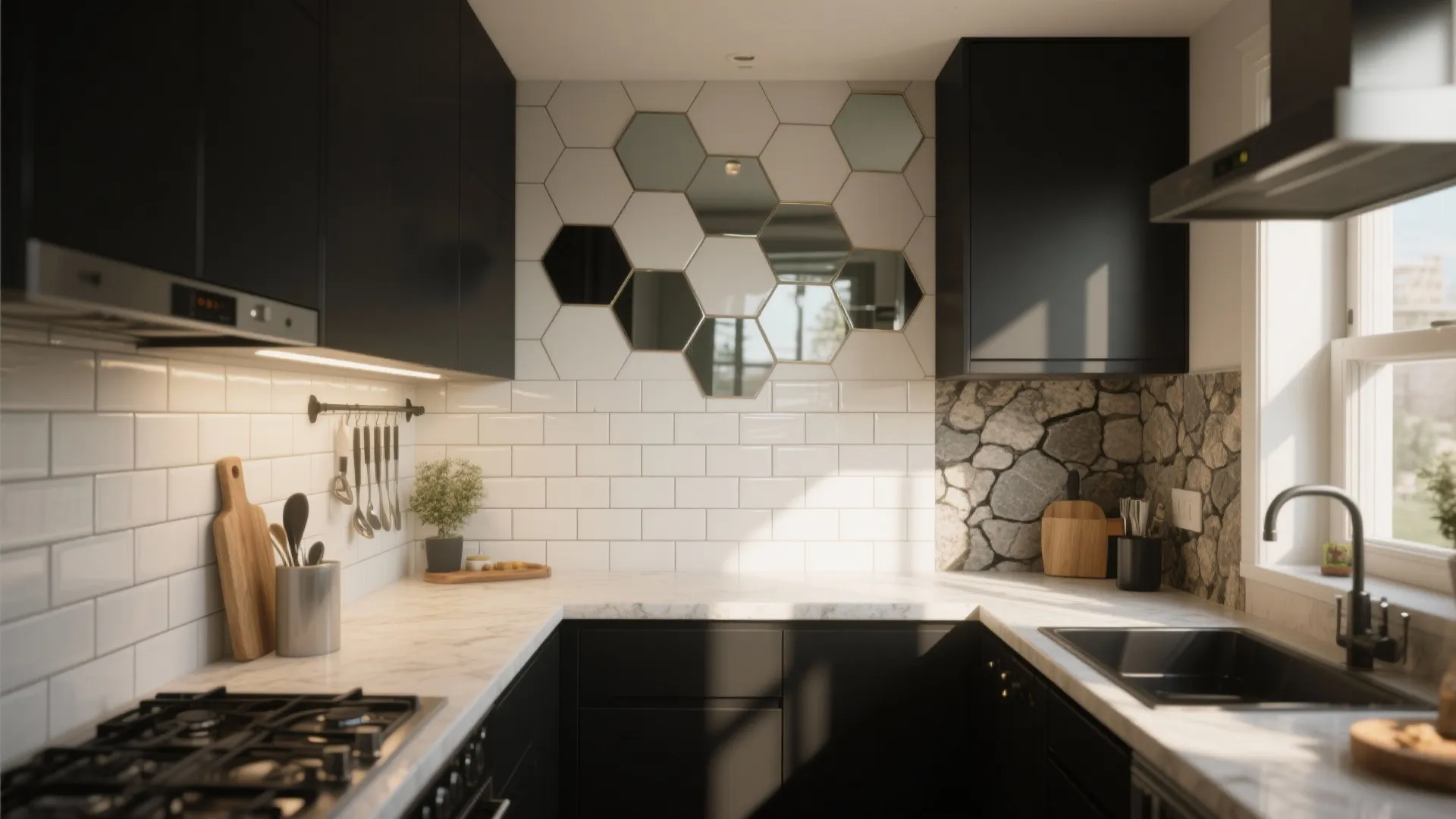 Modern kitchen with black cabinets, white marble countertop, subway tiles, and honeycomb mirror wall design