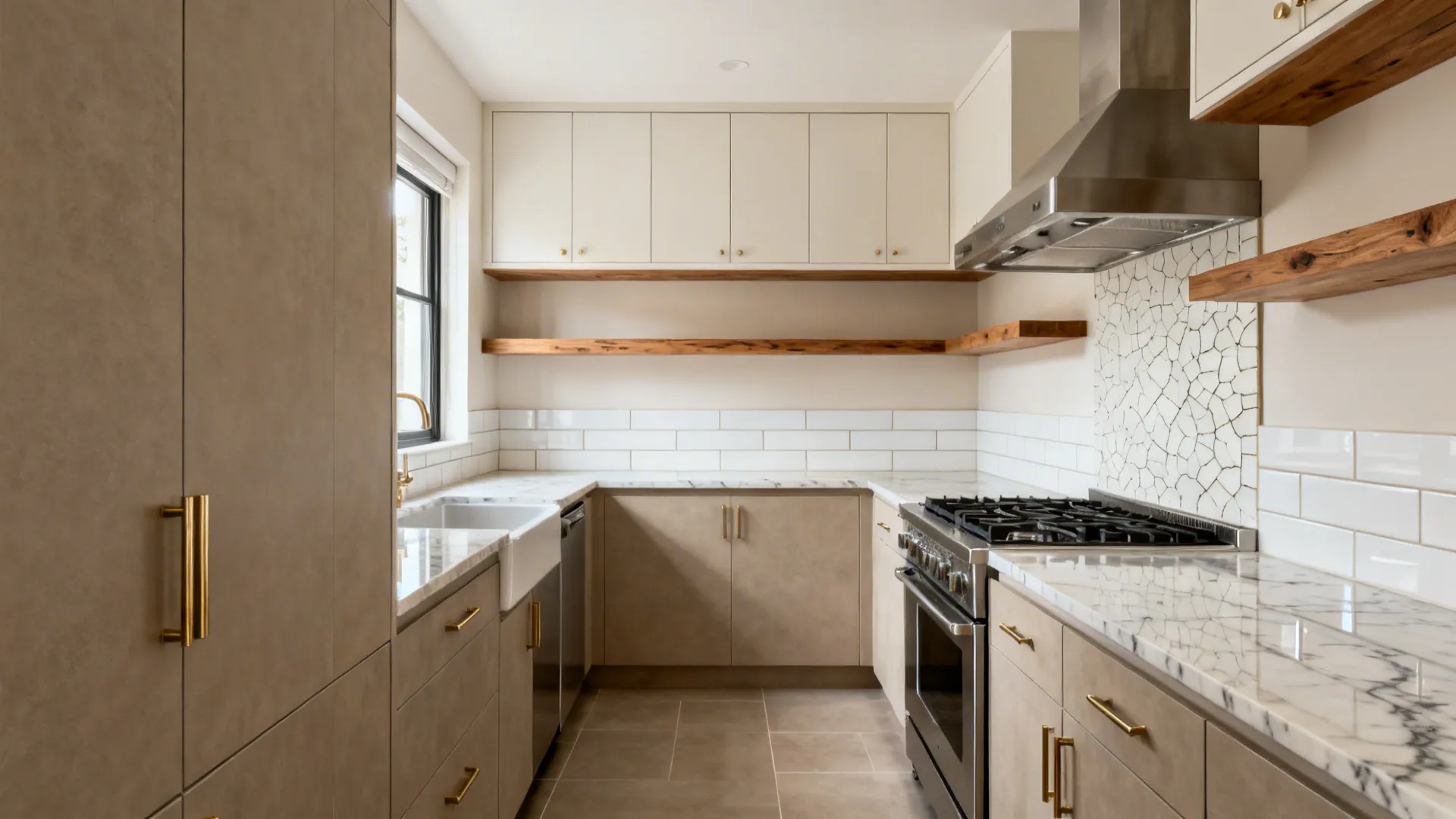 Modern kitchen featuring light brown cabinets marble countertops wooden floating shelves and white subway tiles