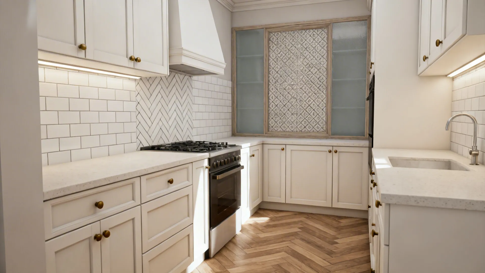 Modern white kitchen interior with wooden floors, white wall tiles, stove, sink, and white cabinets