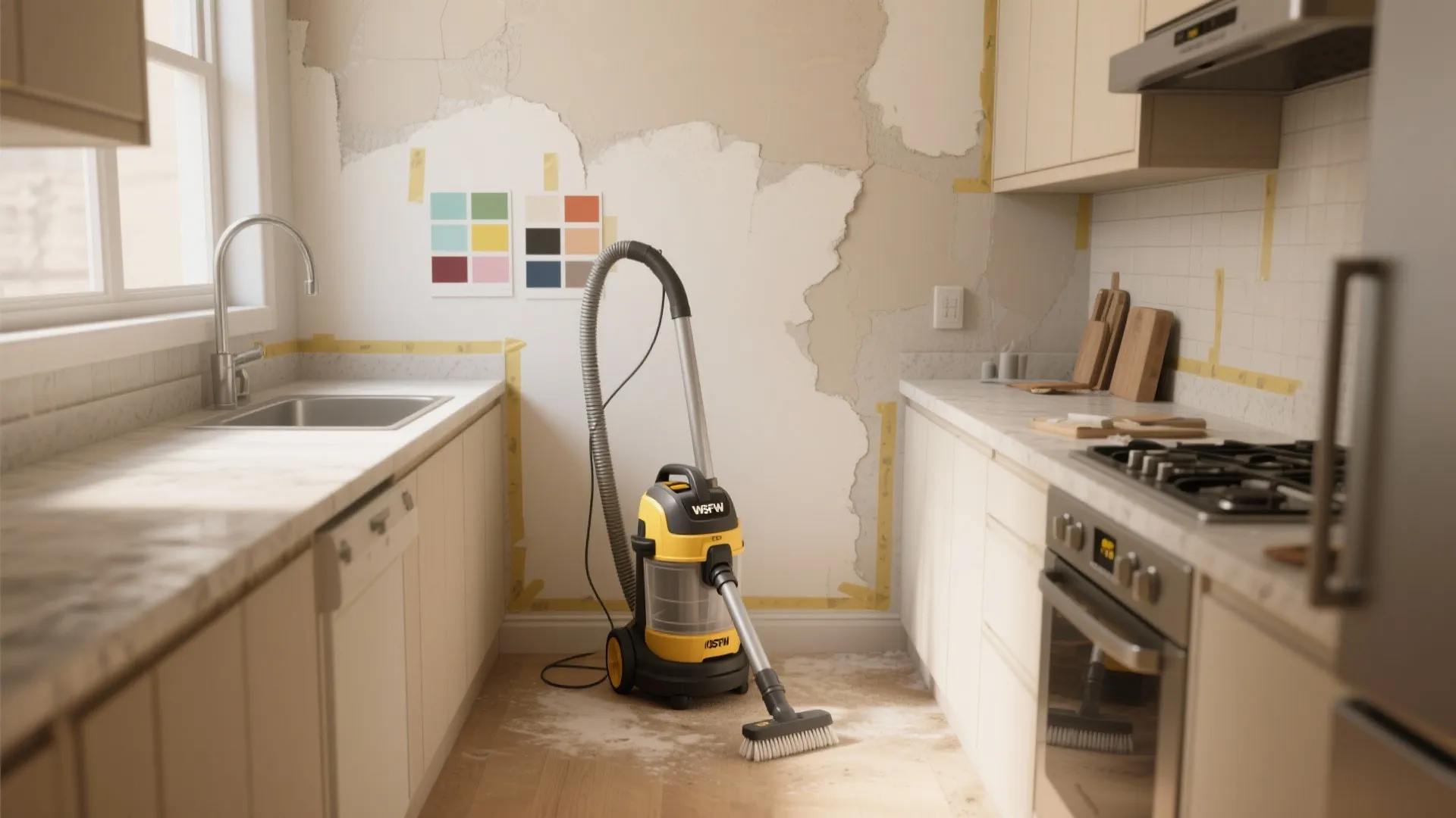Kitchen renovation in progress with yellow vacuum cleaner color swatches and peeling paint on walls