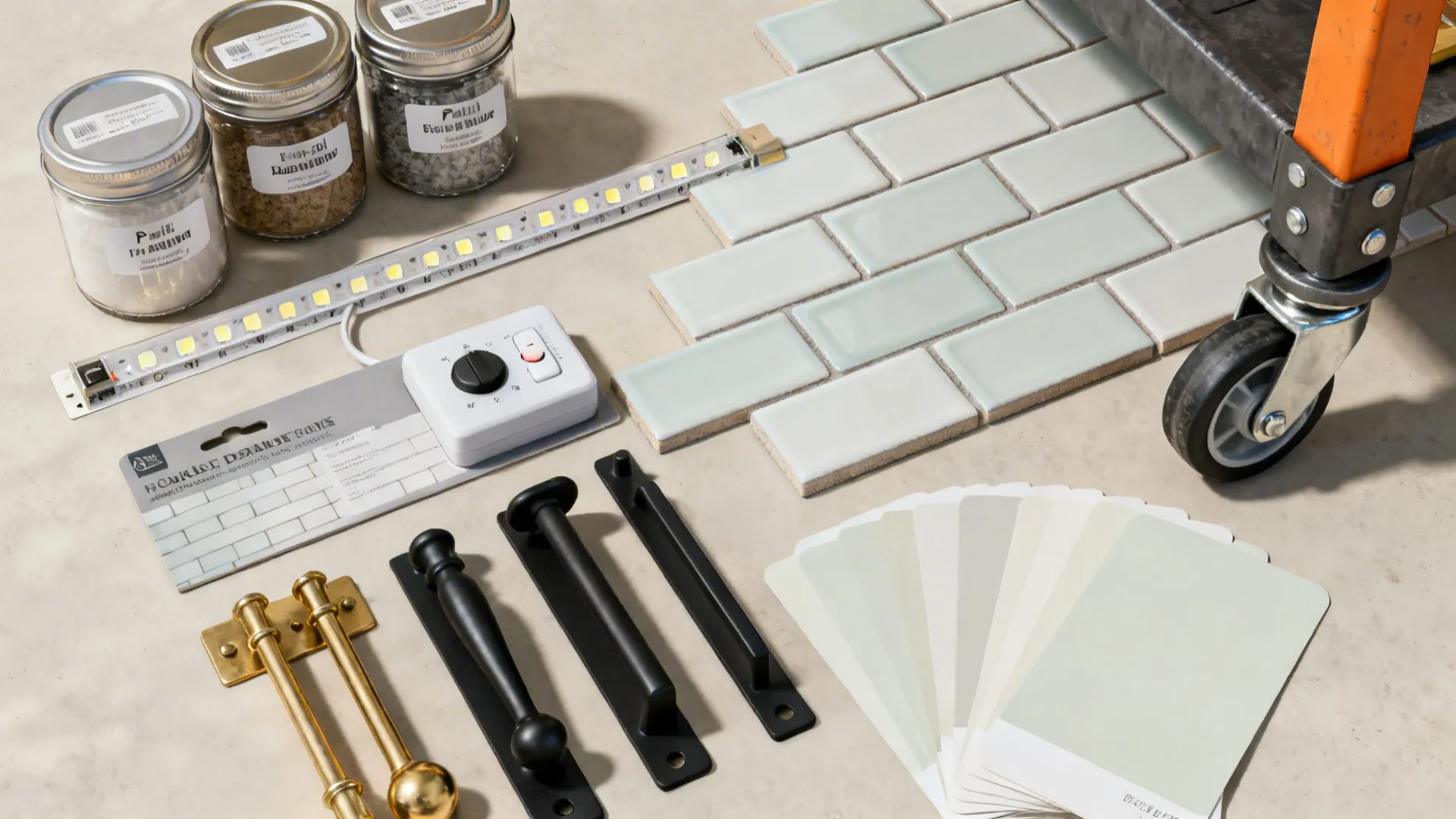 Flat lay of jars, tile sample, LED strip, brass and black hardware, paint swatches, and a caster wheel.