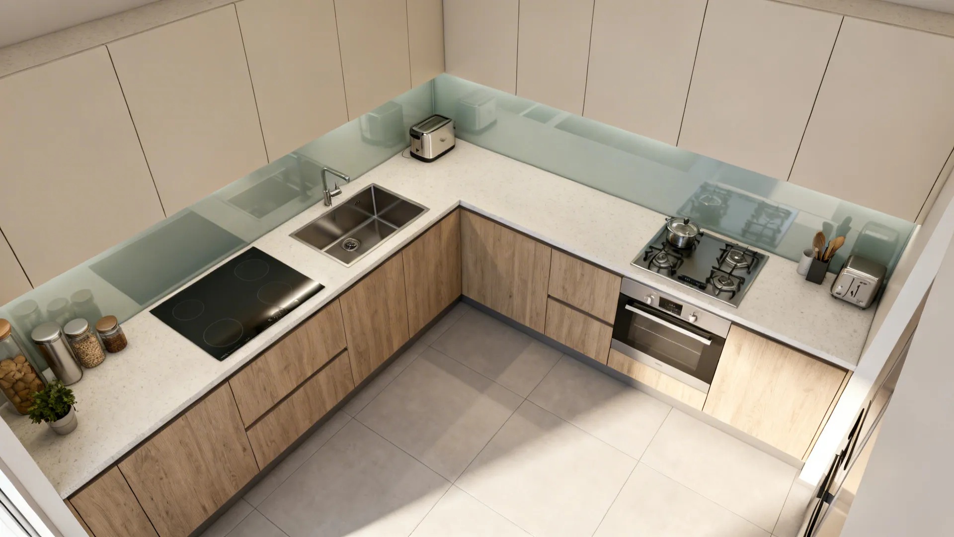 Top-down compact kitchen layout showing cohesive use of quartz, HPL, satin glass, wood-look fronts, and large-format porcelain.