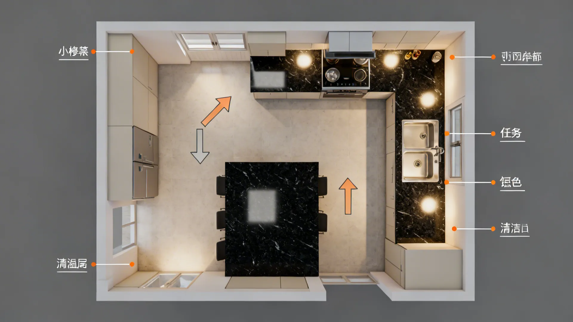 Top-down plan-style visualization of L-shape and galley modular layouts with black granite counters.