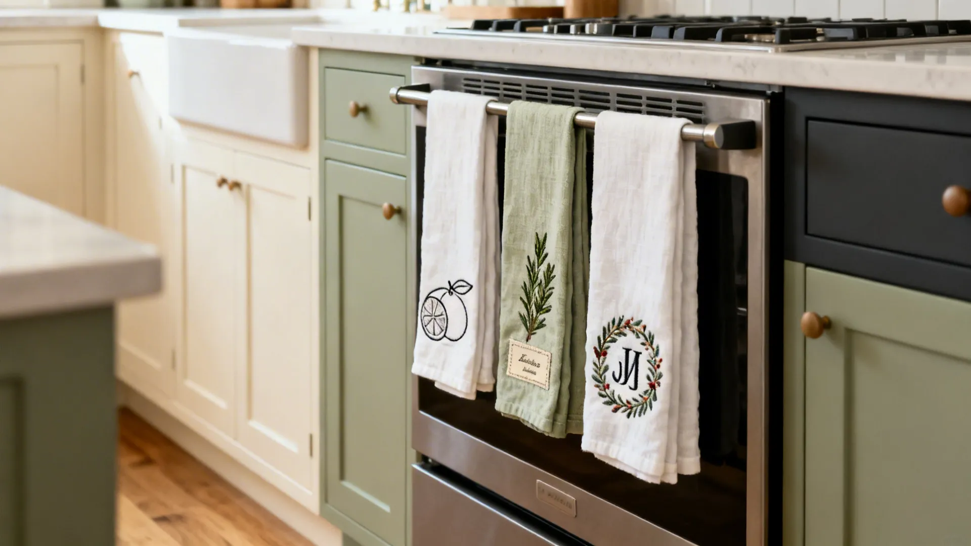 Three decorative towels hanging on an oven handle in modern green and white home kitchen