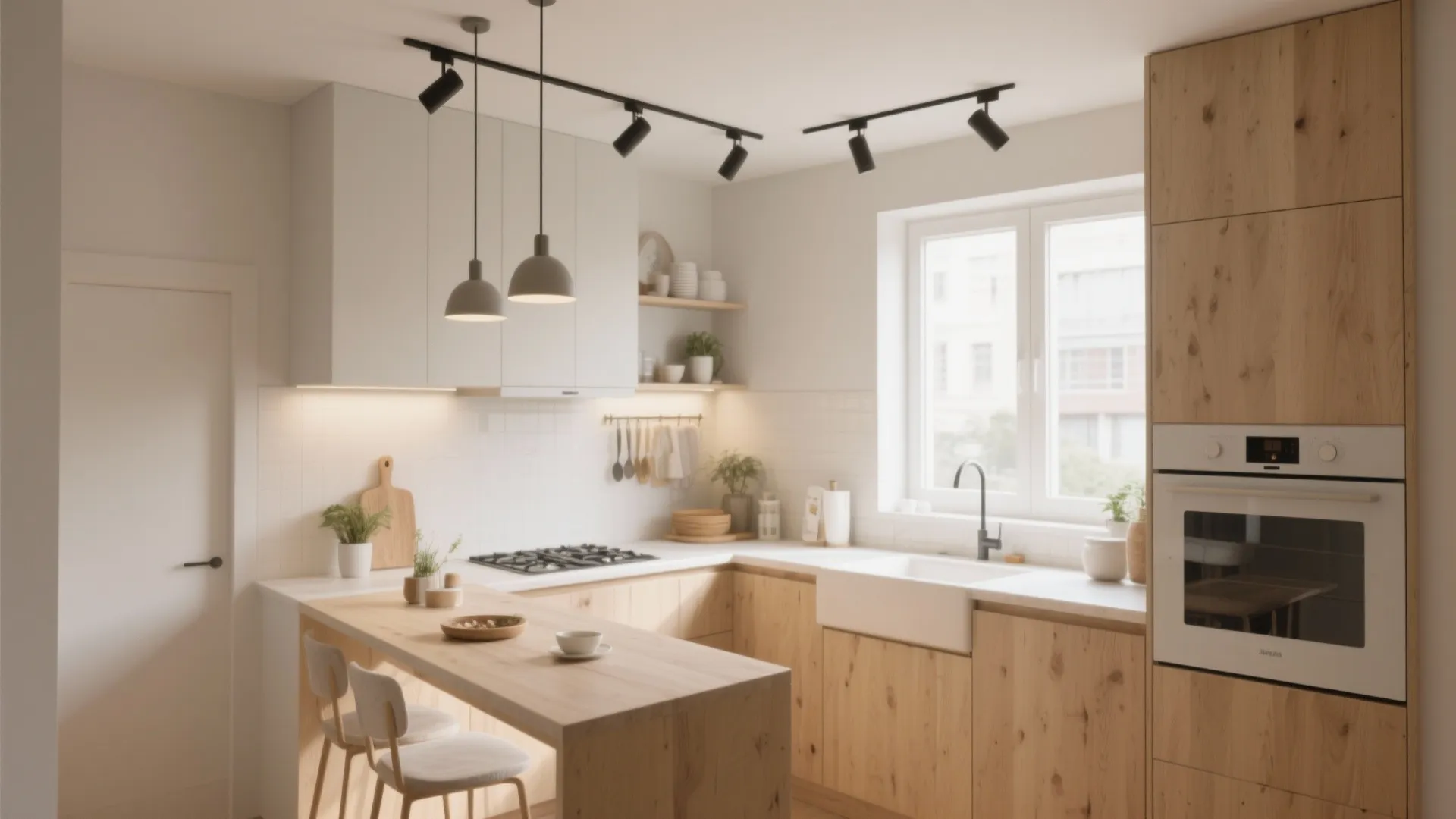 Bright wooden kitchen featuring white cabinets with black track lights and two grey hanging lights