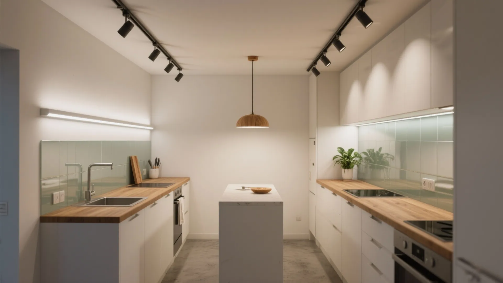 White kitchen with wooden countertops black ceiling track lights and a central white island table