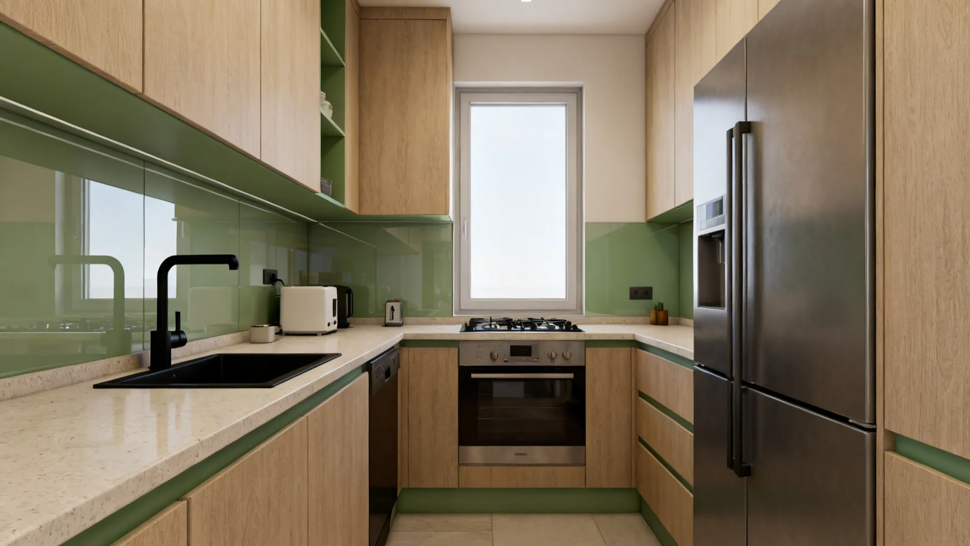 Small kitchen with wood cabinets green wall panels sink stove oven and a large metal fridge
