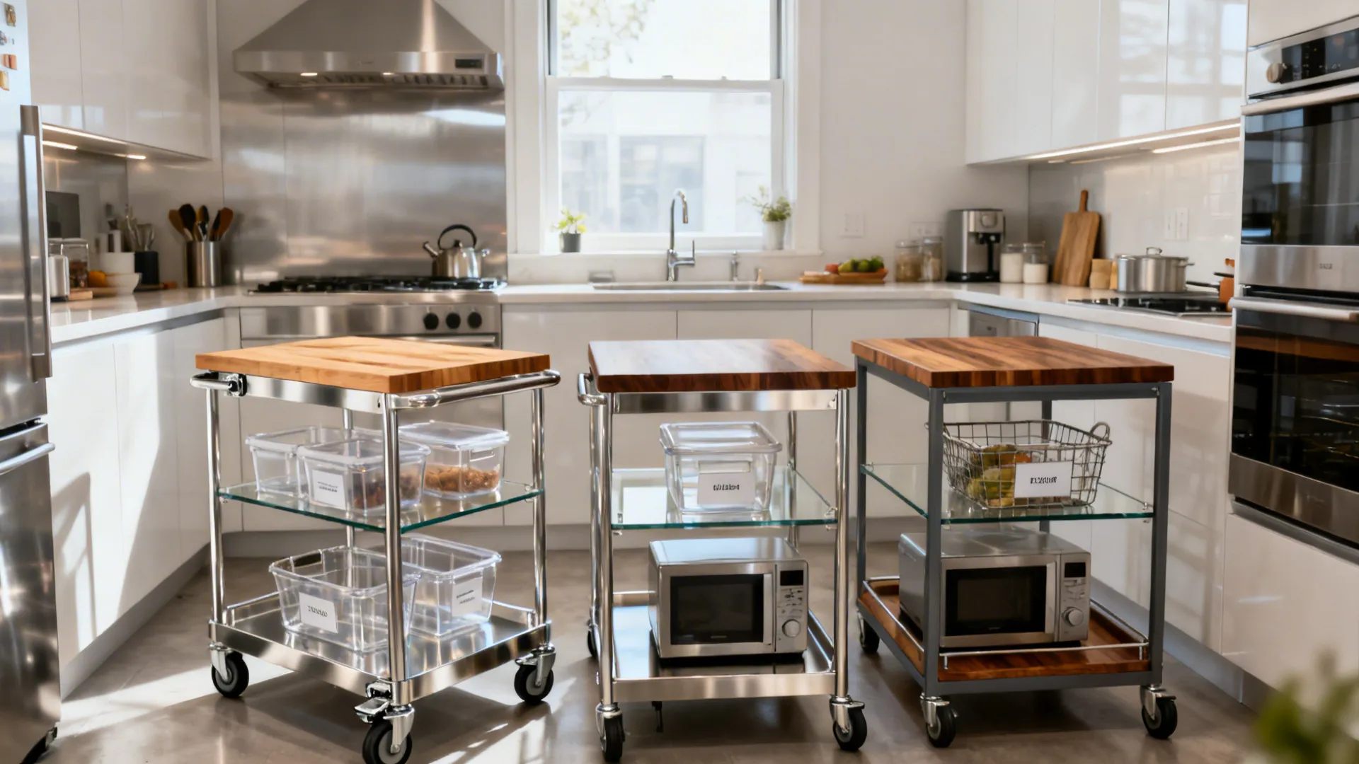 Three mobile kitchen carts with wooden tops and storage shelves in a bright modern kitchen