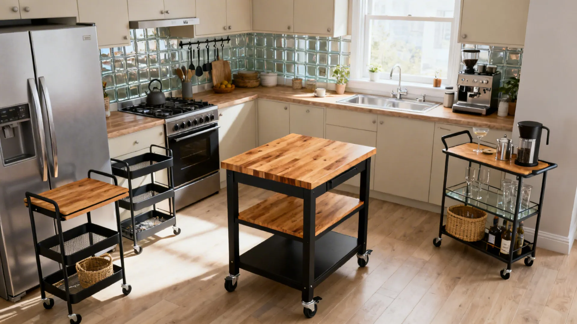 Bright kitchen interior featuring several mobile storage carts and a central wooden island on wheels