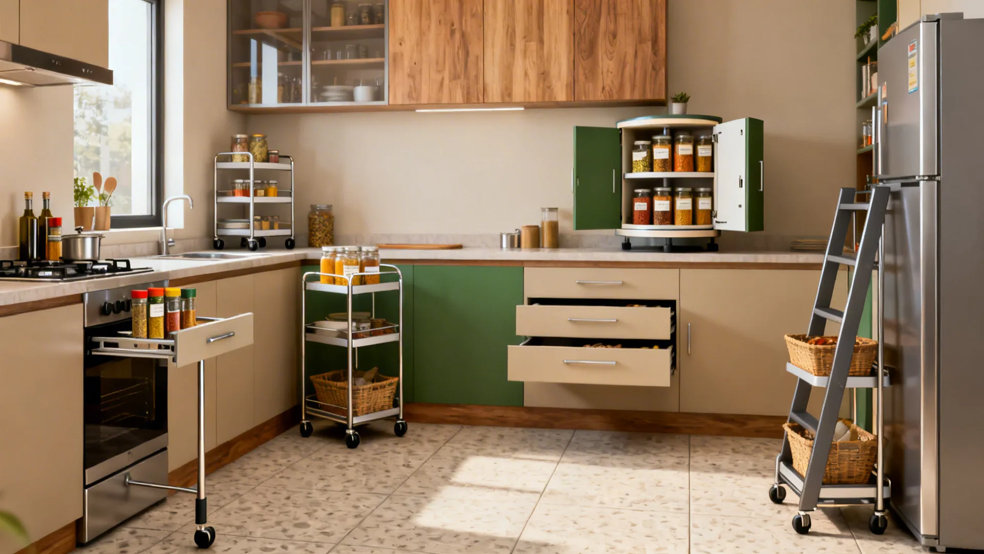 Modern kitchen with green cabinets and small storage trolleys holding spice jars and woven baskets