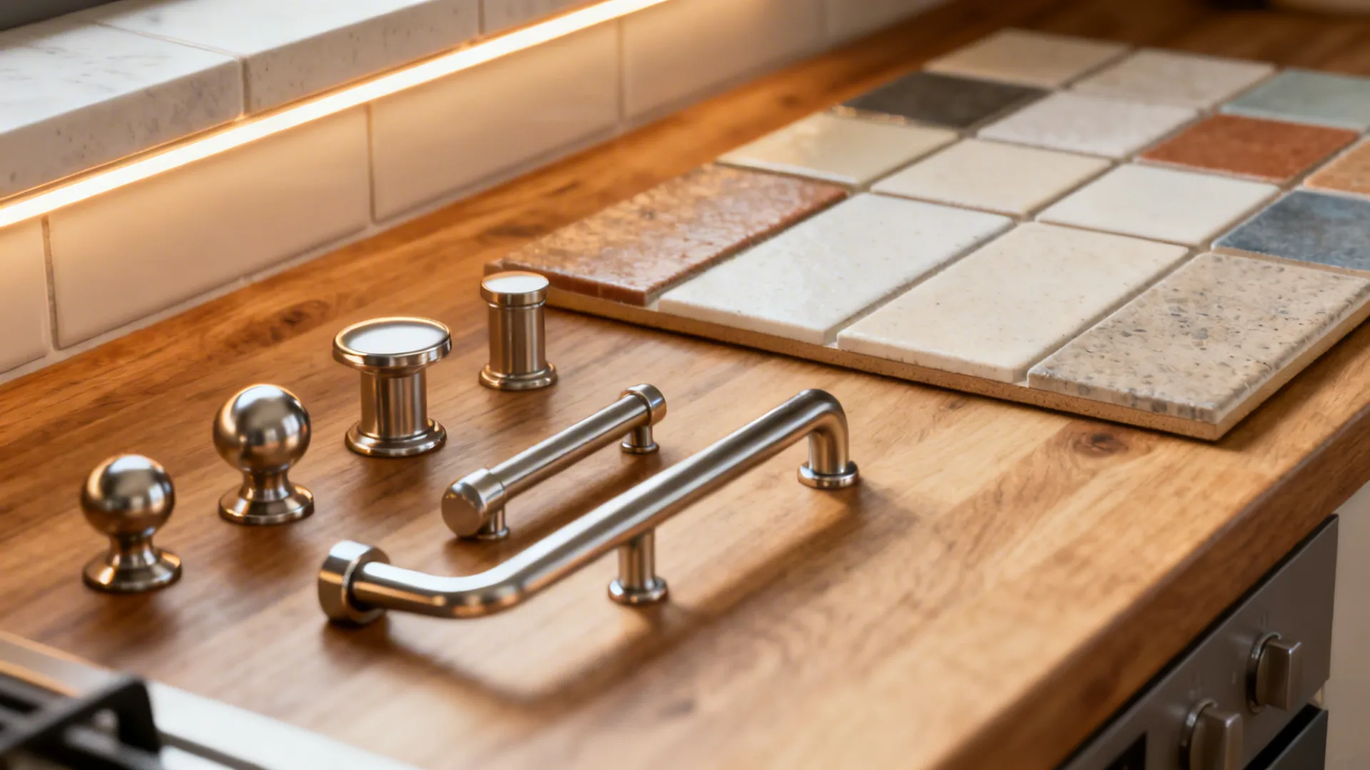 Hardware, under-cabinet lighting, and backsplash samples for inexpensive kitchen upgrades.