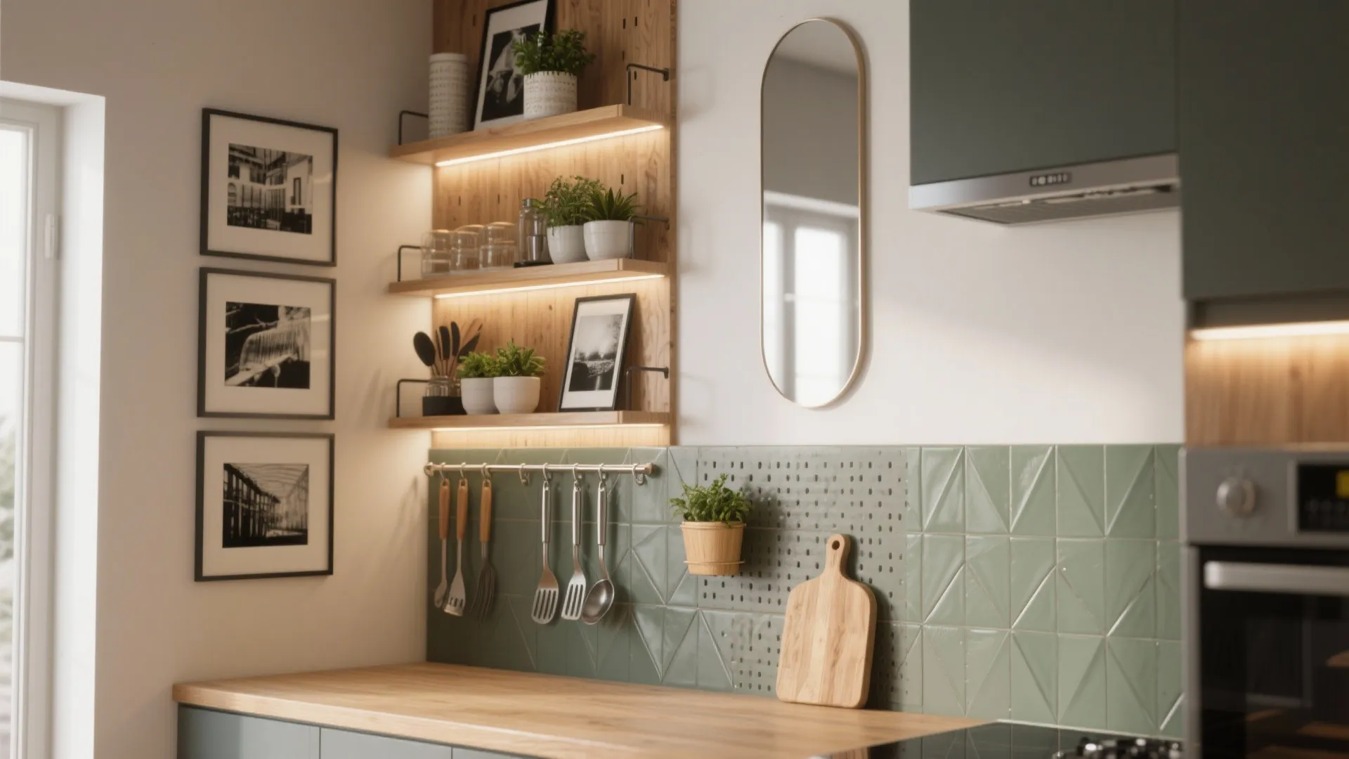 Modern kitchen with green tiles, wooden shelves, hanging kitchen tools, small plants, and a mirror