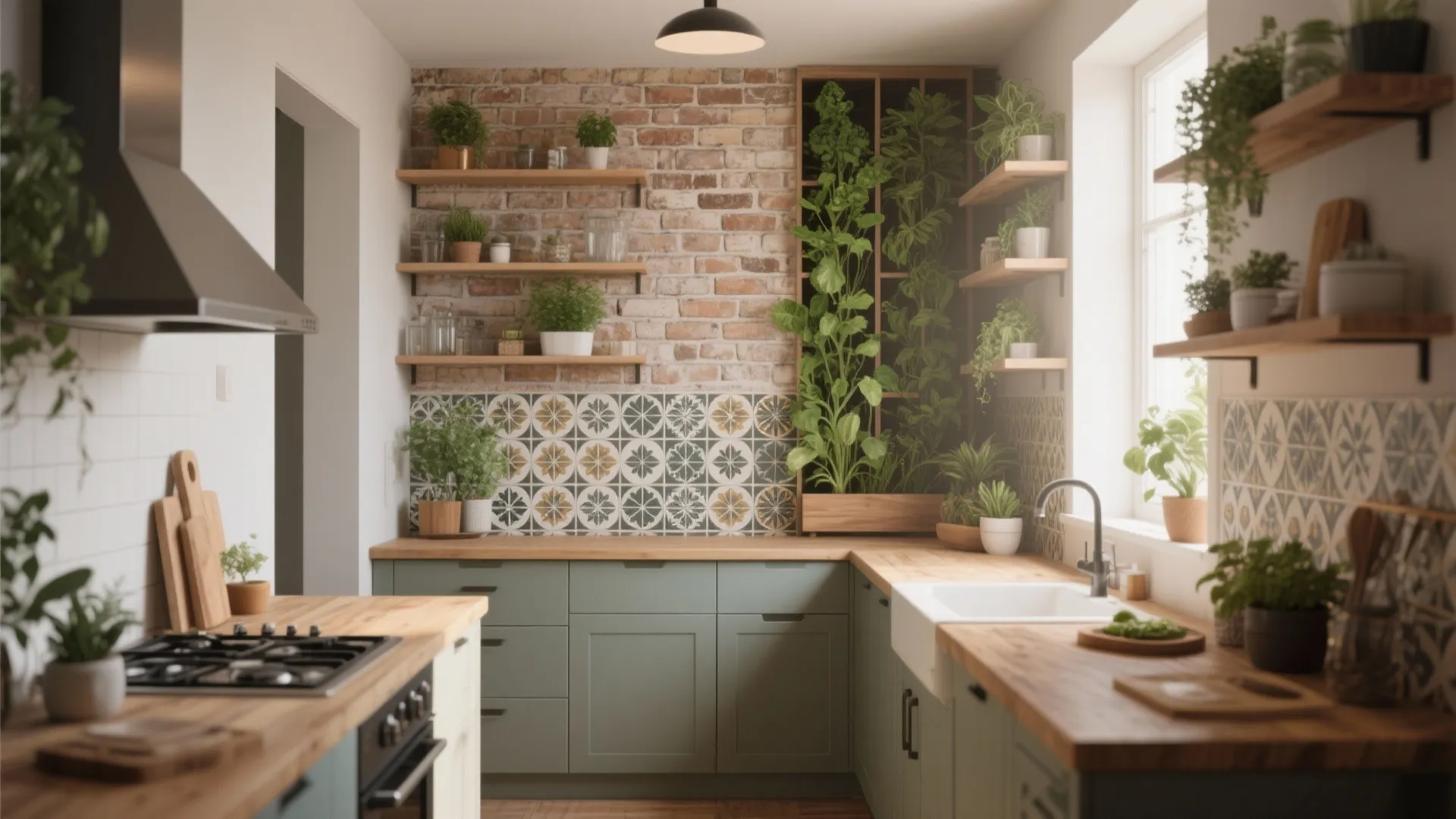 Cozy kitchen interior with brick wall green cabinets wood countertops indoor plants and patterned tiles