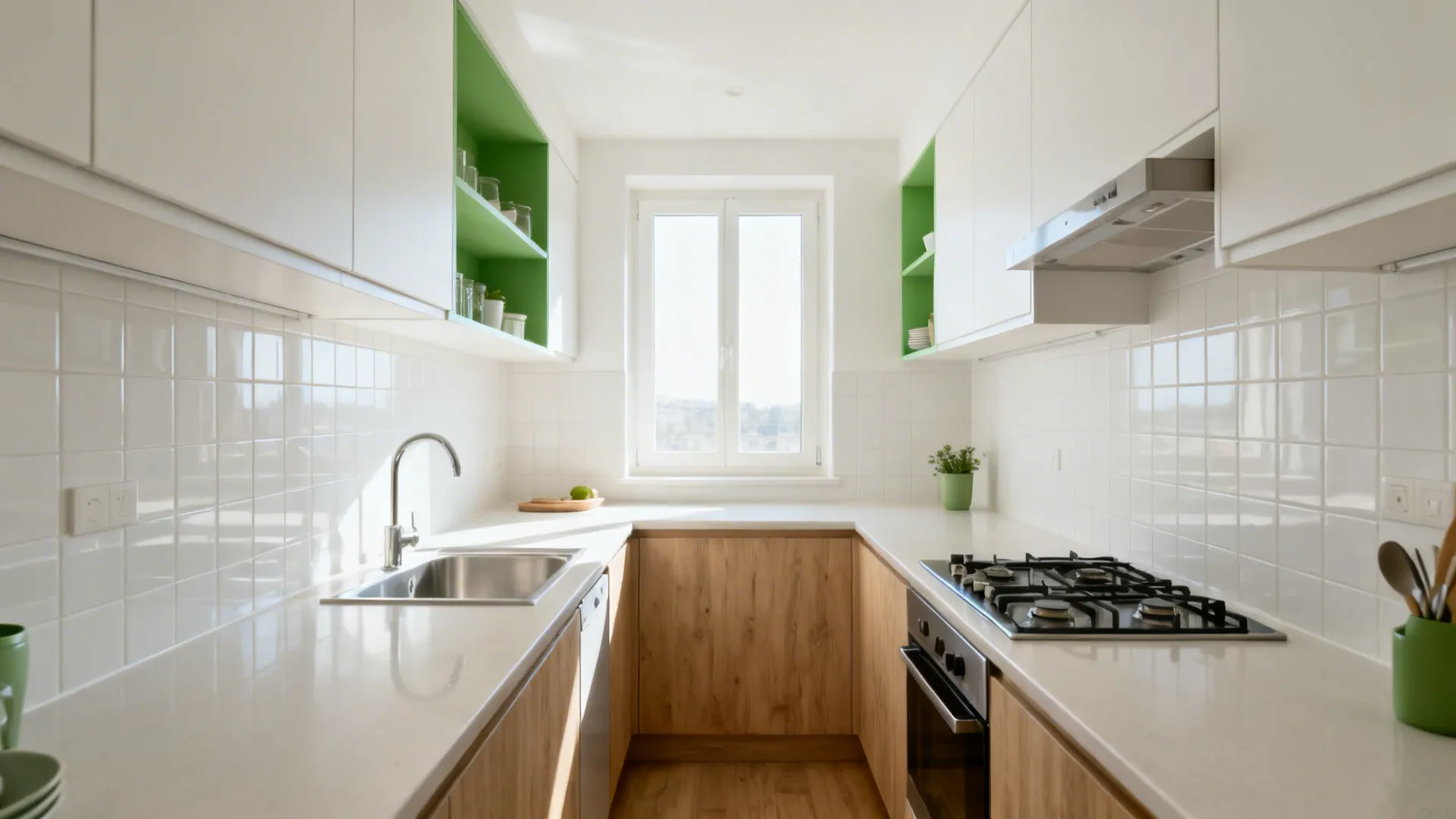 Compact L-shaped kitchen with clean tiles and minimalist storage in soft daylight.