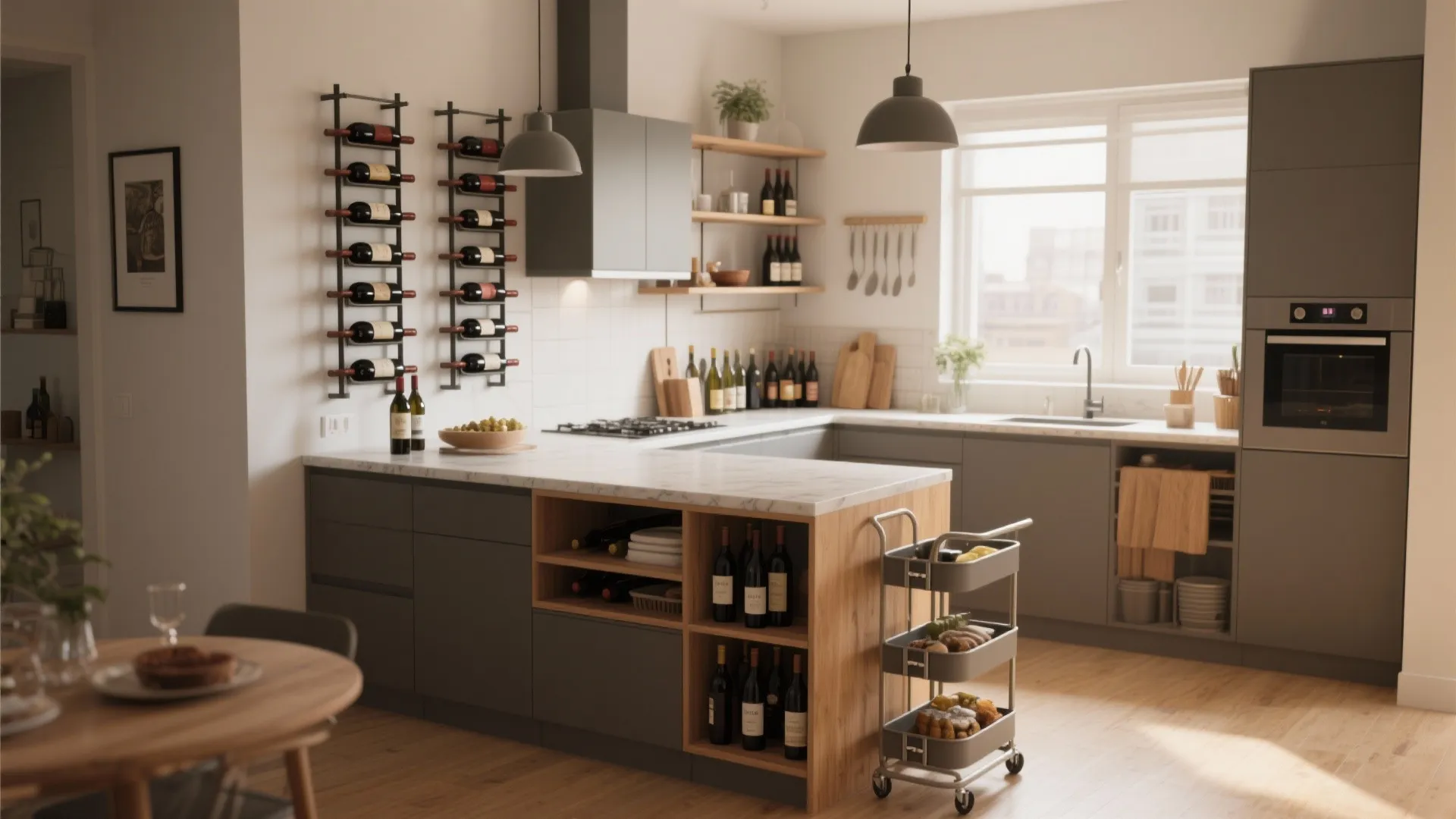 Modern kitchen with grey cabinets marble countertops wall wine racks wooden island and grey ceiling lights