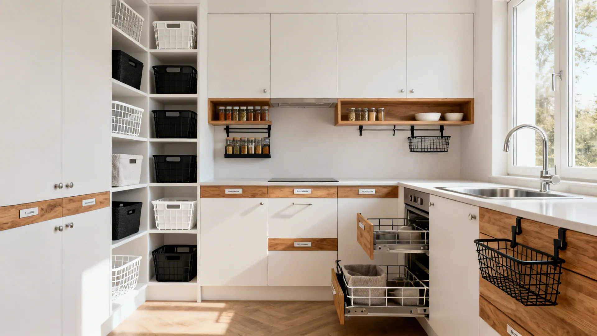 Modern white kitchen with wooden shelves organized pantry bins and a pull out wire drawer
