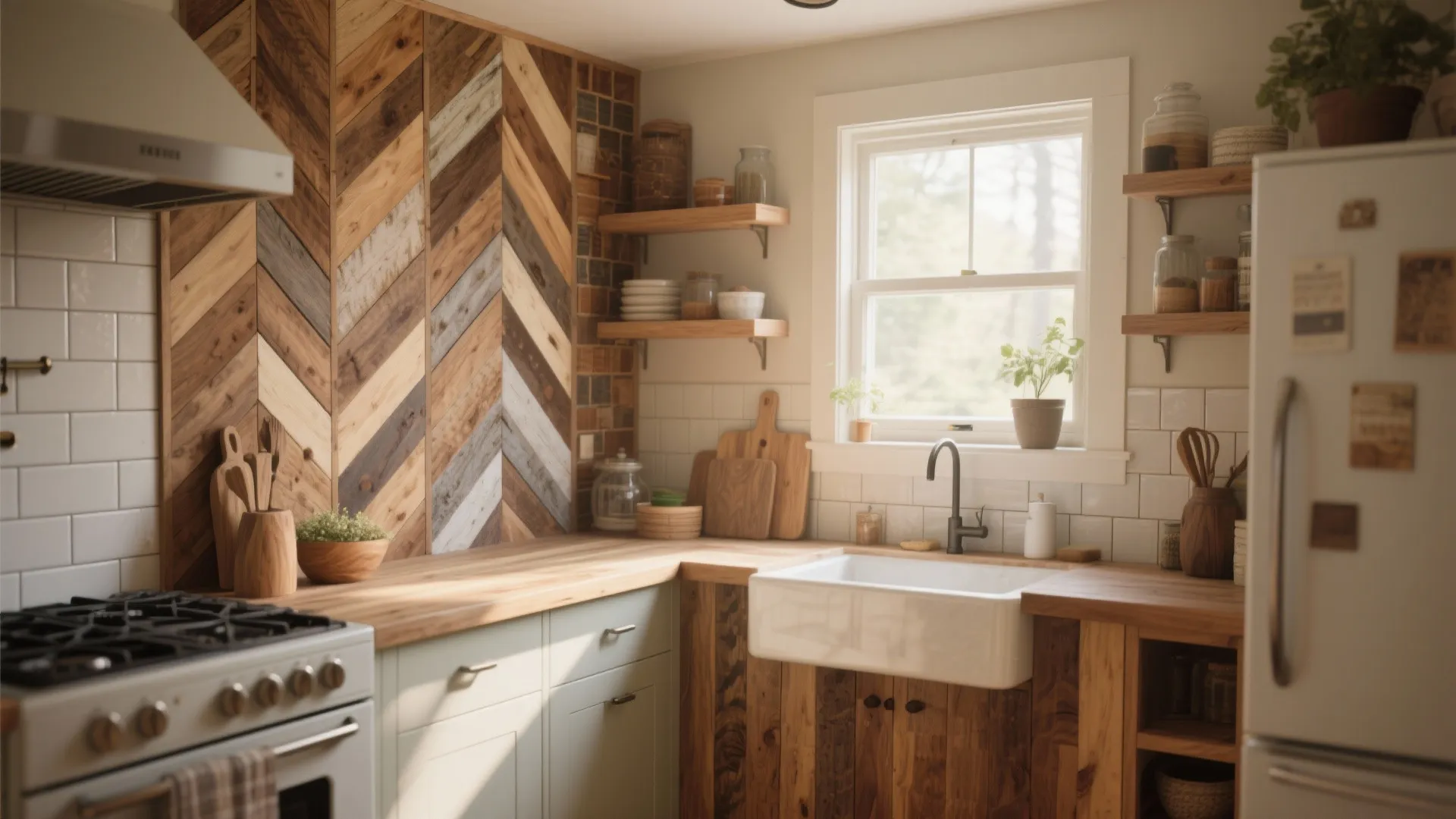 Cozy kitchen with wood pattern wall tiles white sink light green cabinets and open wooden shelves