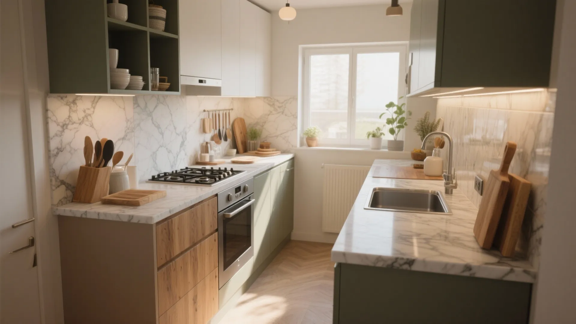 Modern narrow kitchen with marble worktops green cabinets wooden drawers window and bright natural light