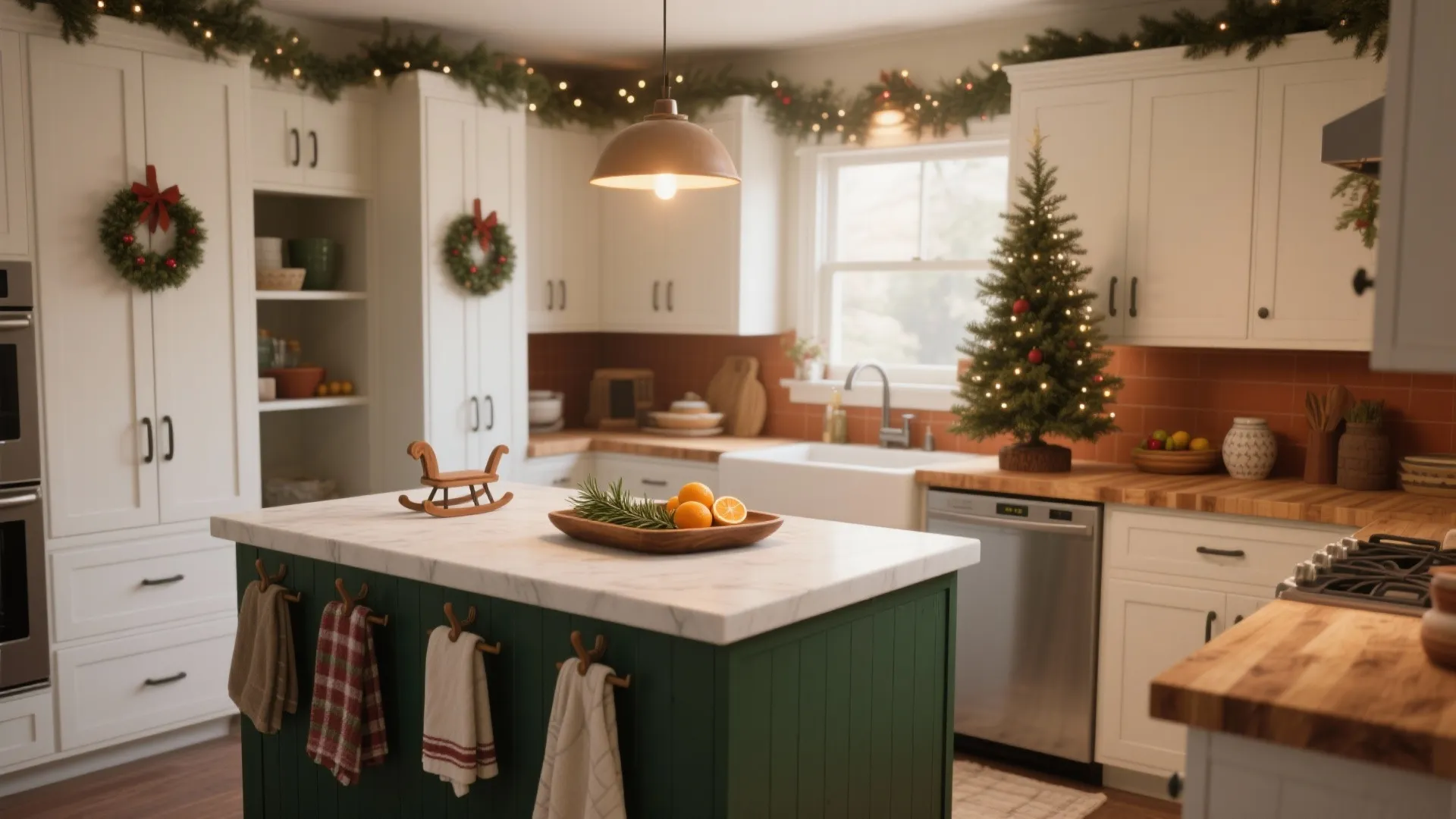 Christmas themed kitchen with green island white cabinets small tree and festive hanging wall decorations