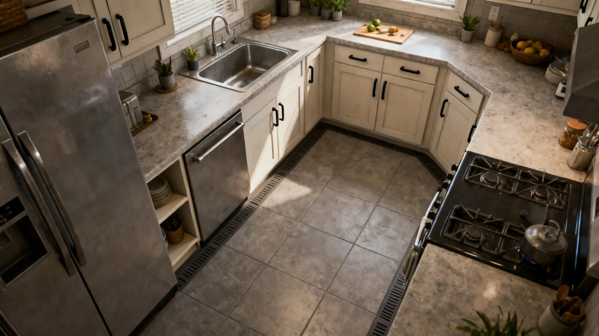 U-shaped small kitchen with clear zones, diagonal corner cabinet, landing shelf near the fridge, and safe walkways.
