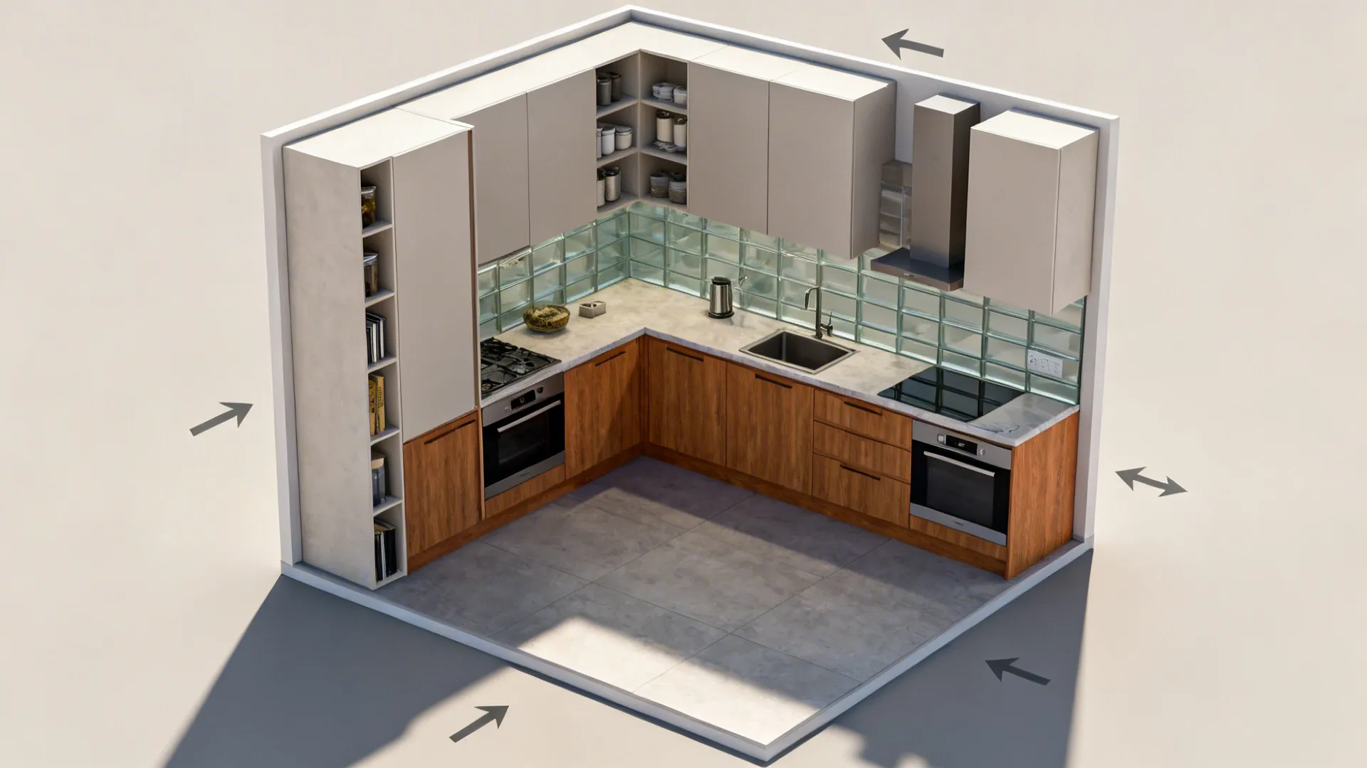 Top-down visualization of a compact kitchen showing tall storage, L-shaped workflow, glass backsplash, wood bases, and slim appliances.