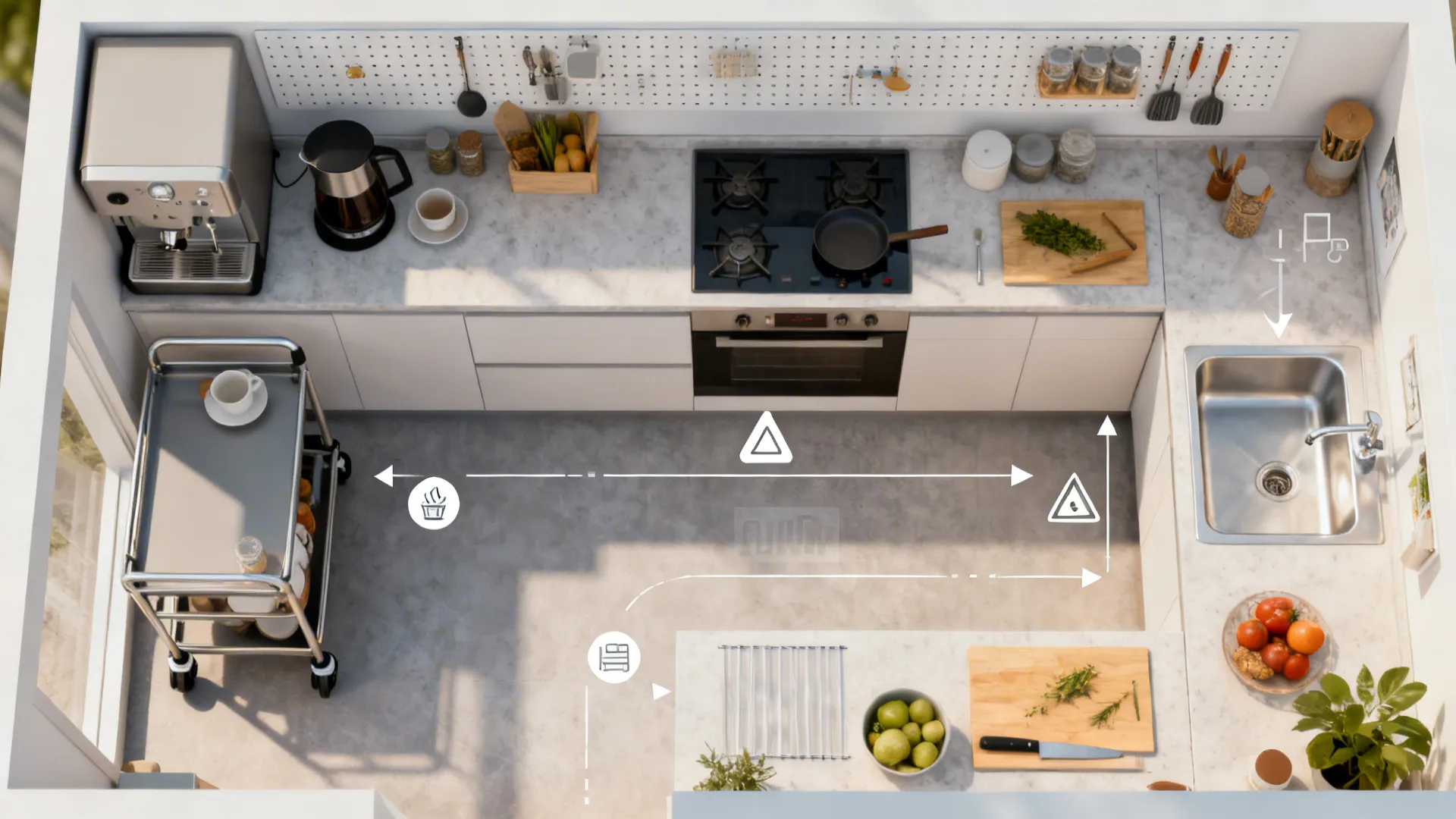 Top-down plan showing coffee, prep, cook, and clean zones mapped in a compact kitchen.