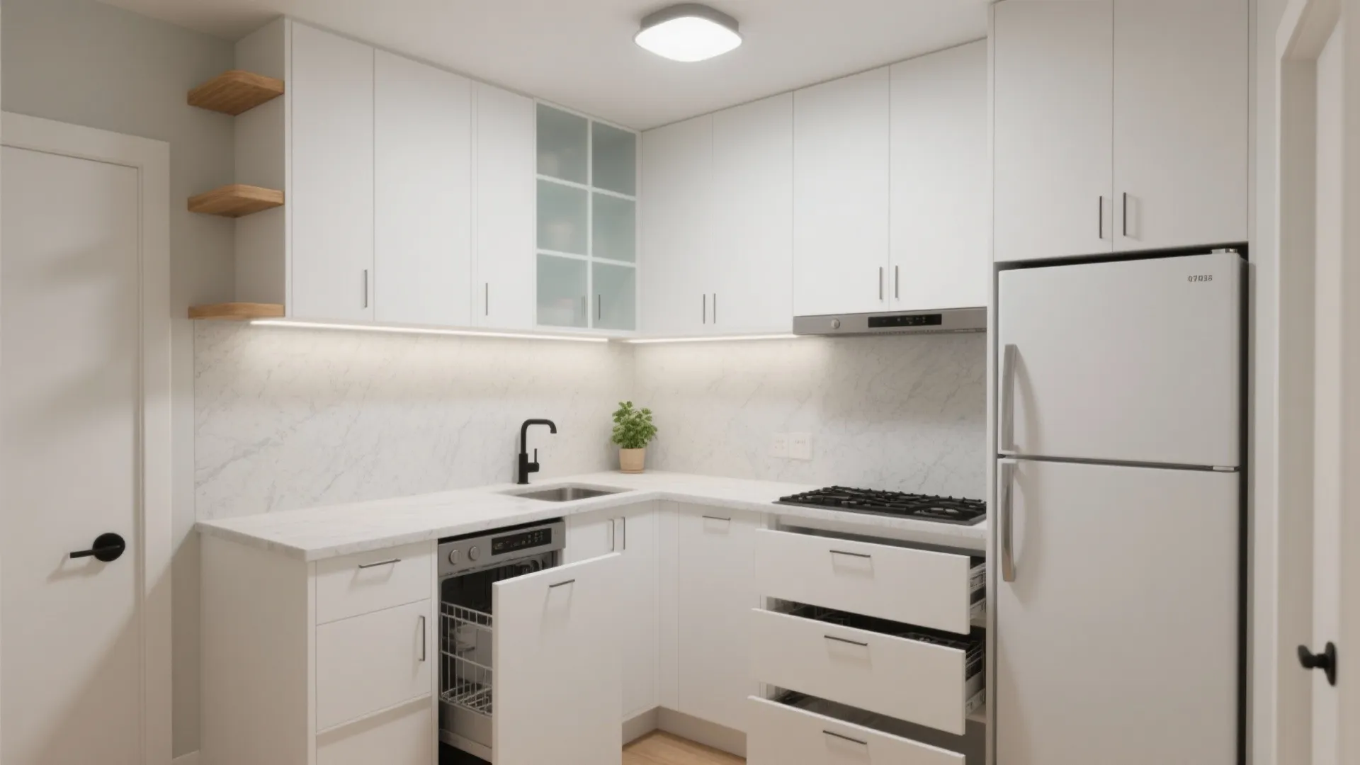 Modern white small kitchen with marble countertop white cabinets black faucet and integrated fridge freezer