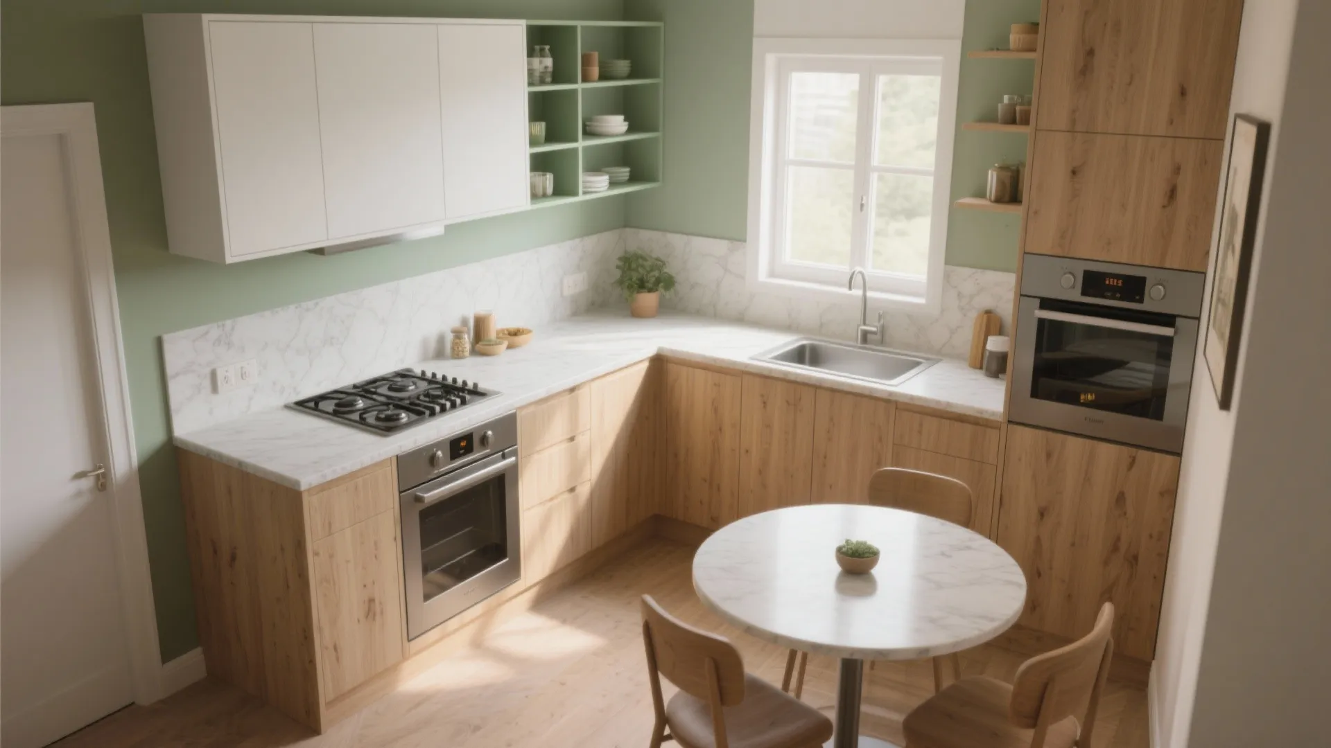 Modern L-shaped kitchen with wooden cabinets, marble countertops, green walls, round table and natural light