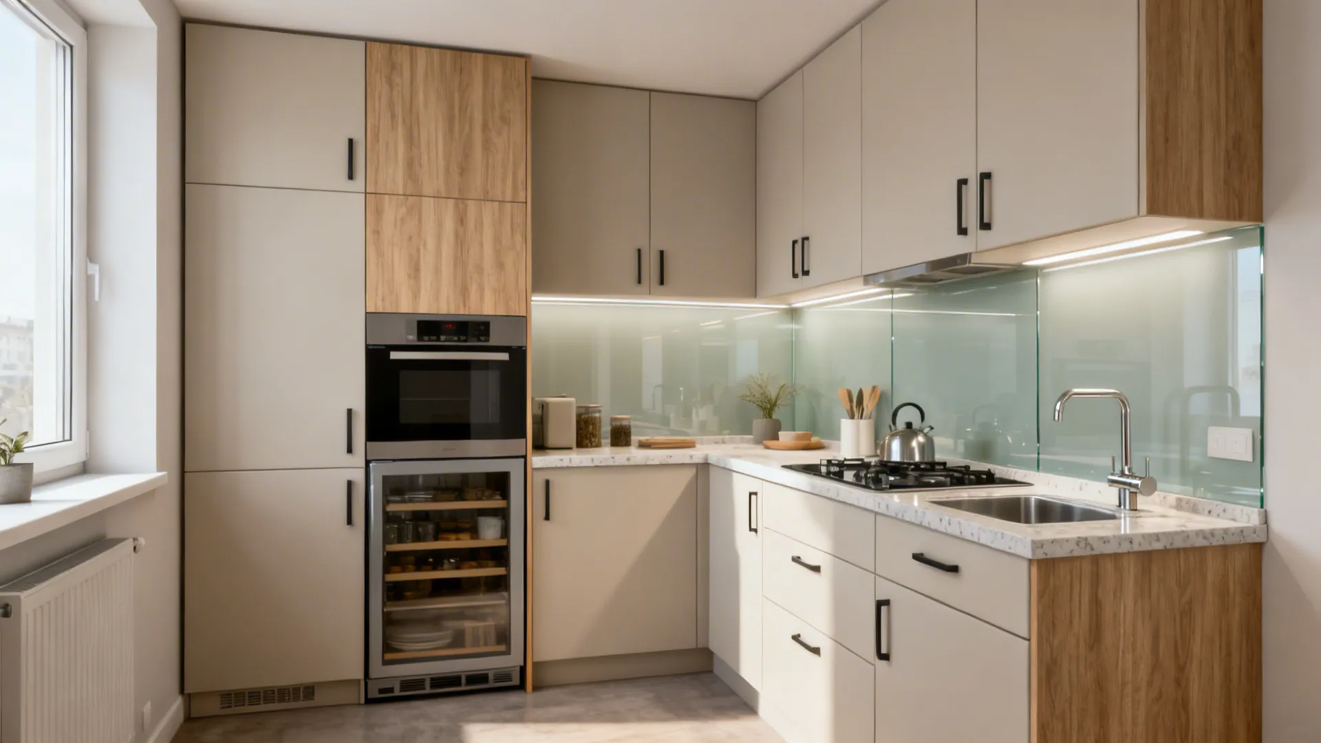 Modern small L-shaped kitchen with wood and white cabinets plus a glass wall back panel