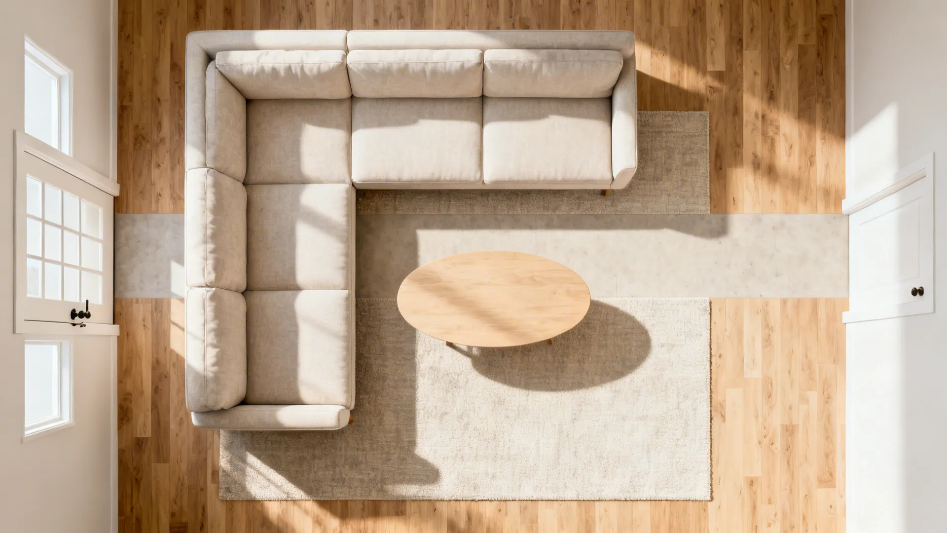 Top view of beige sofa and wooden table on a rug with light brown wood flooring