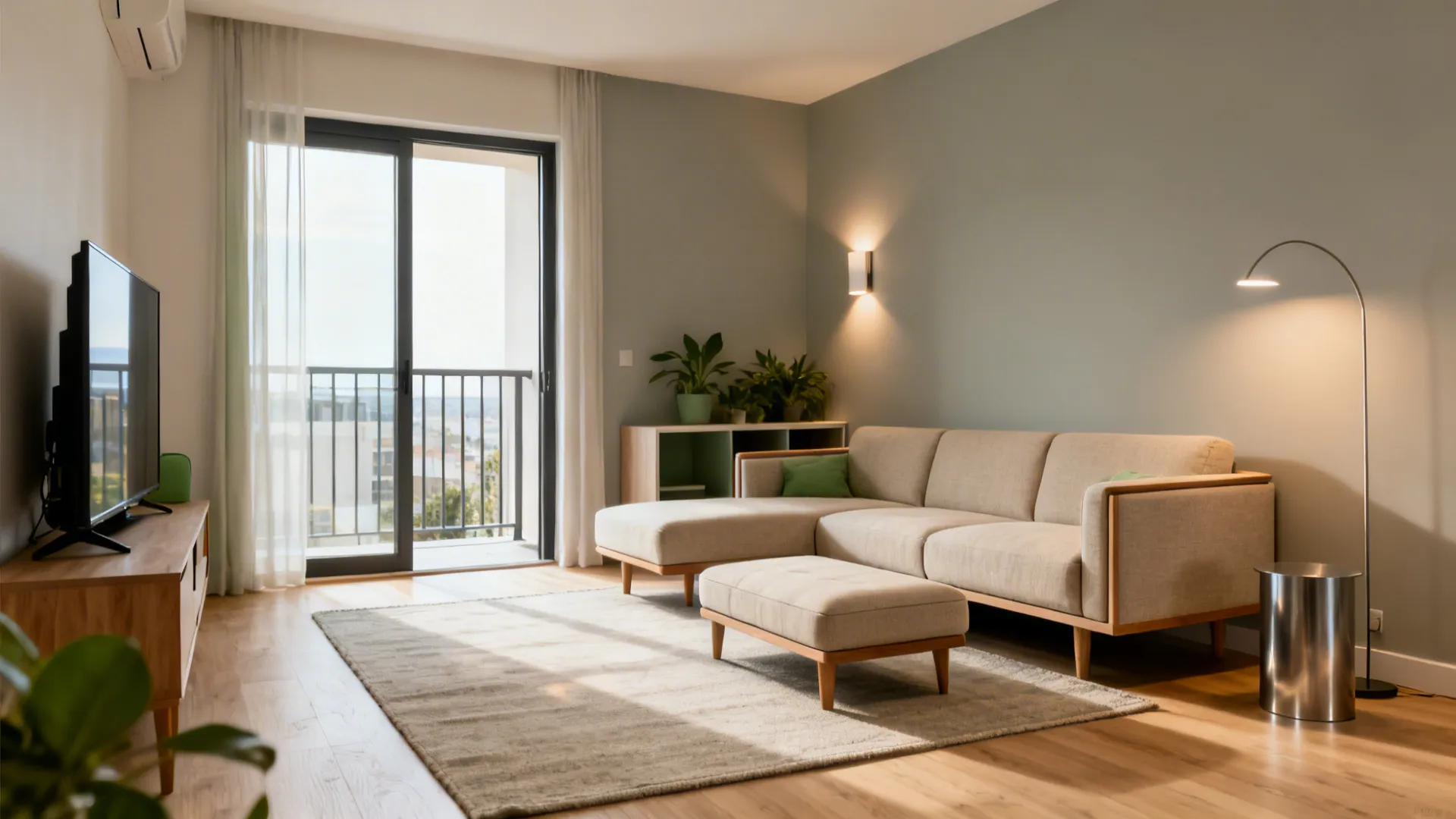 Modern living room with beige sofa grey rug wooden floor balcony doors and wall light