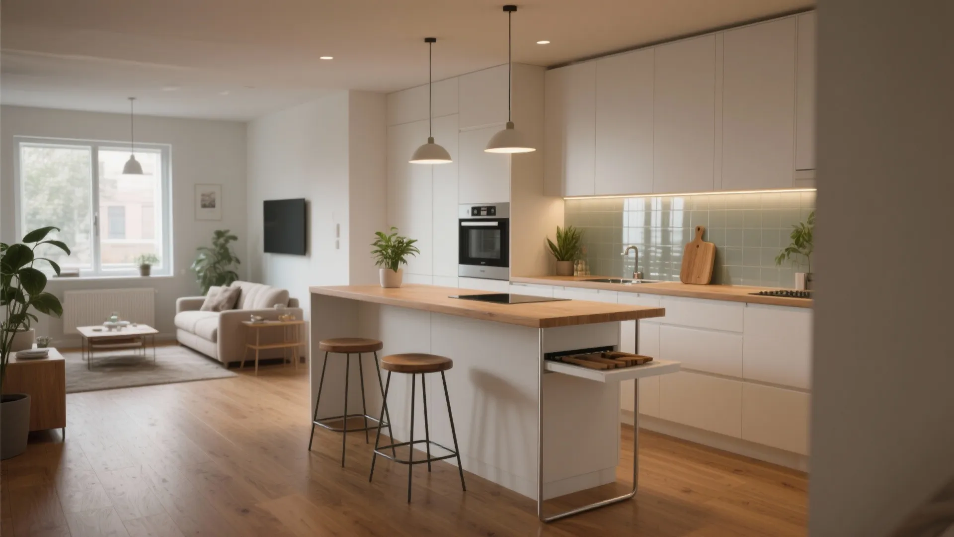 Bright white kitchen with wood island two simple stools and light green wall tiles background