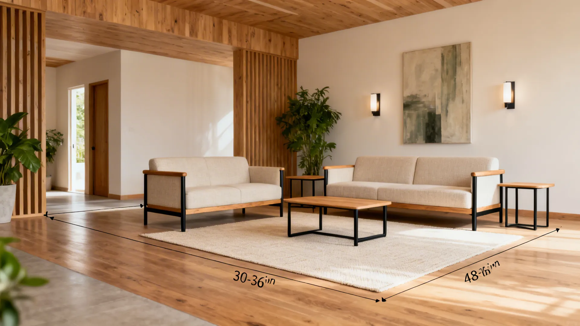 Split screen view showing a beige sofa and footrest with a hidden pullout wooden drawer