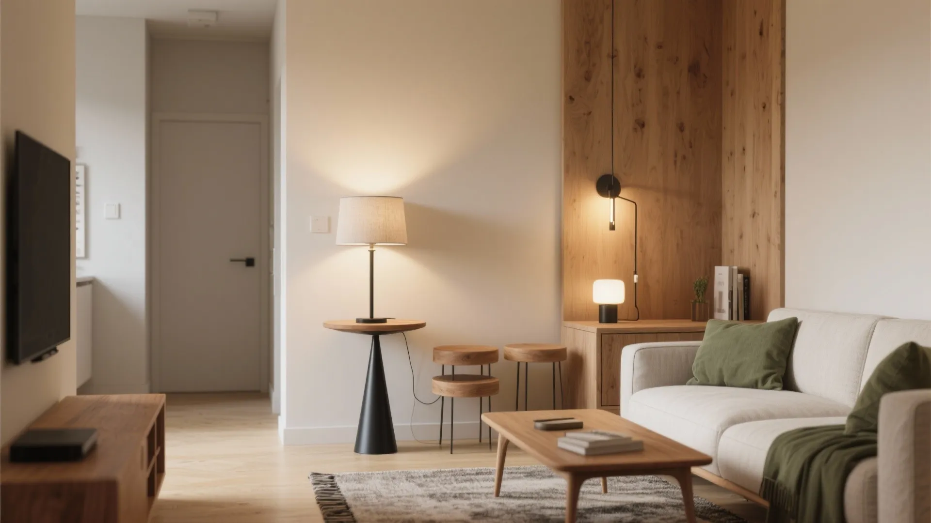 Floating wooden shelf with table lamp, power device, and wall sockets in a modern home