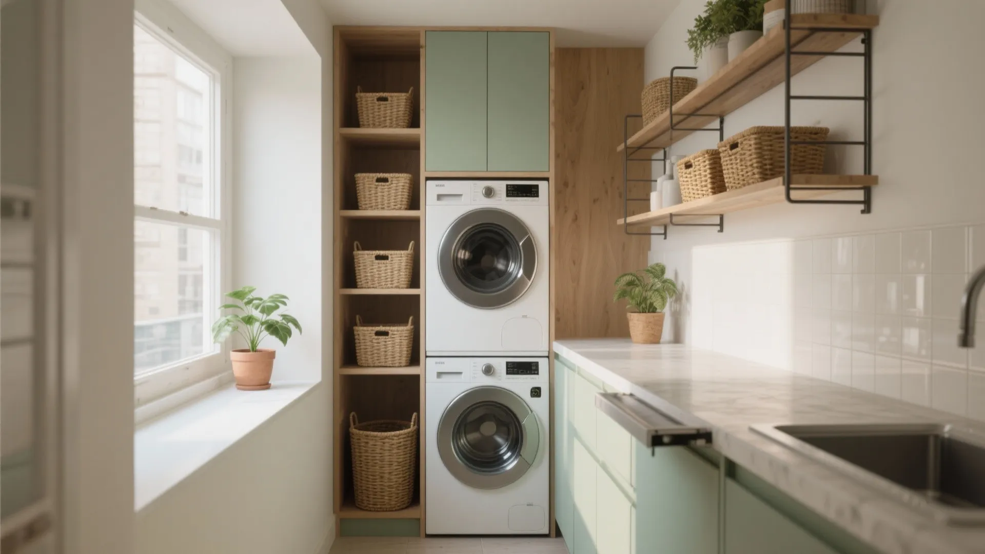 Small laundry room layout with stacked washing machines wooden shelves wicker baskets and bright natural light
