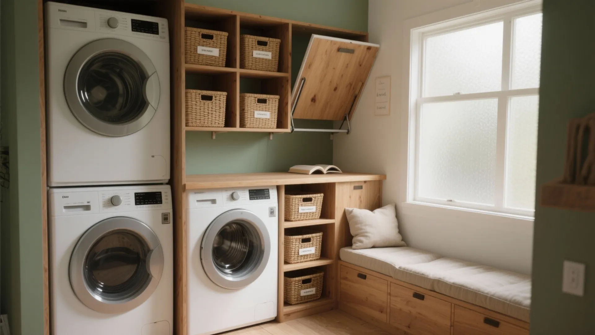Laundry room with washing machines wooden shelves wicker baskets green wall and window with bench seat
