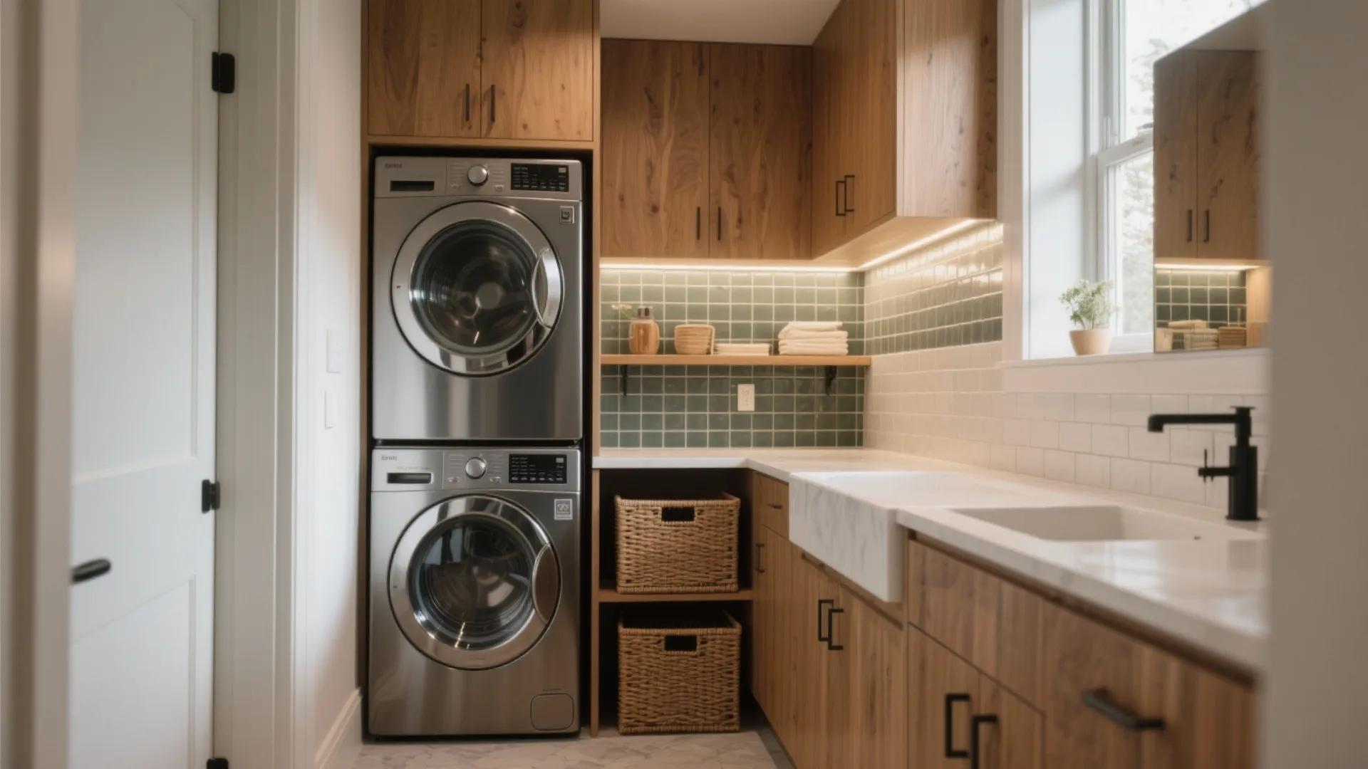 Stacked silver washing machine and dryer next to wooden cabinets with a white laundry sink