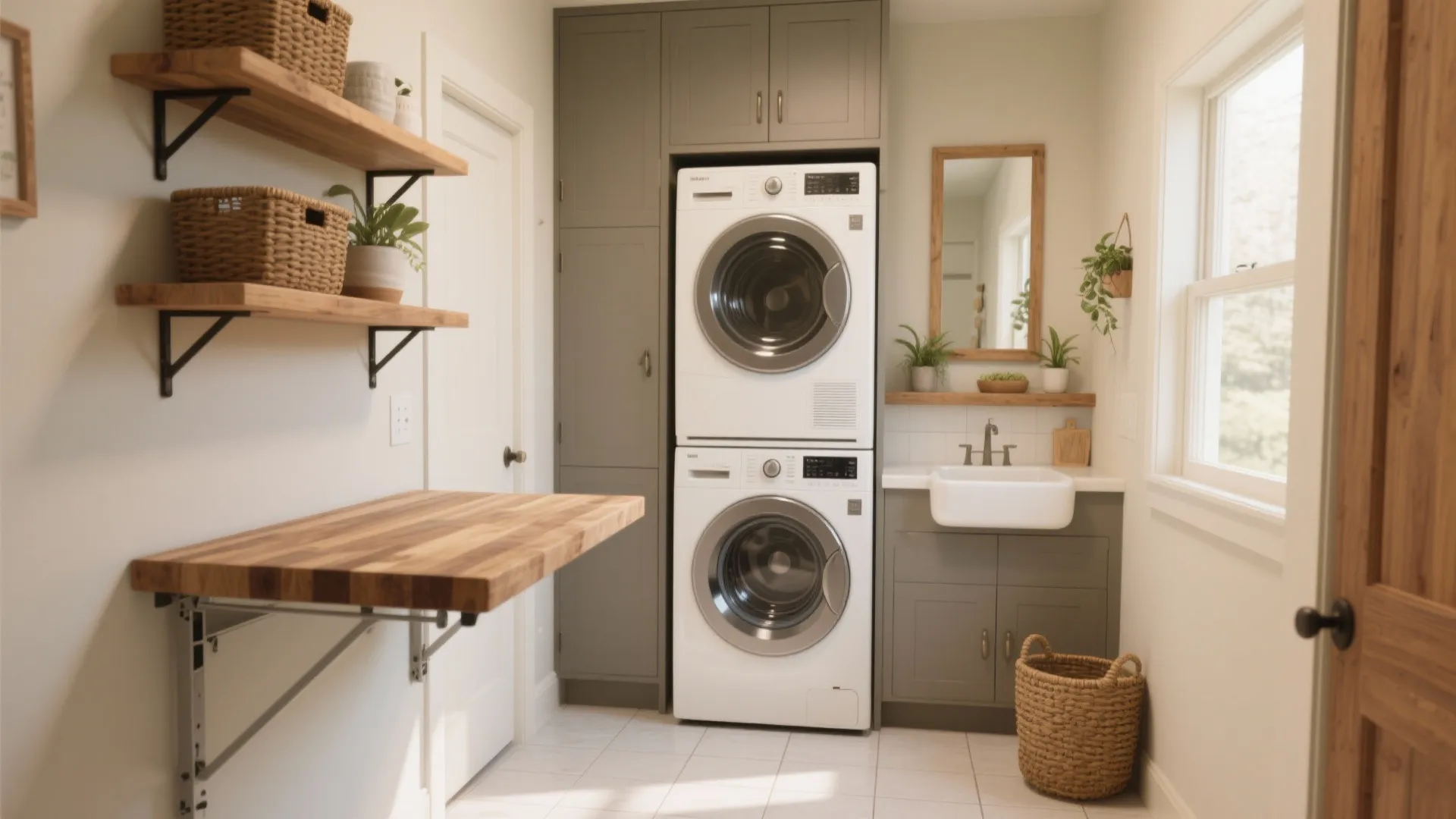 Small laundry room with stacked washer dryer, grey cabinets, wooden shelves, and folding work table