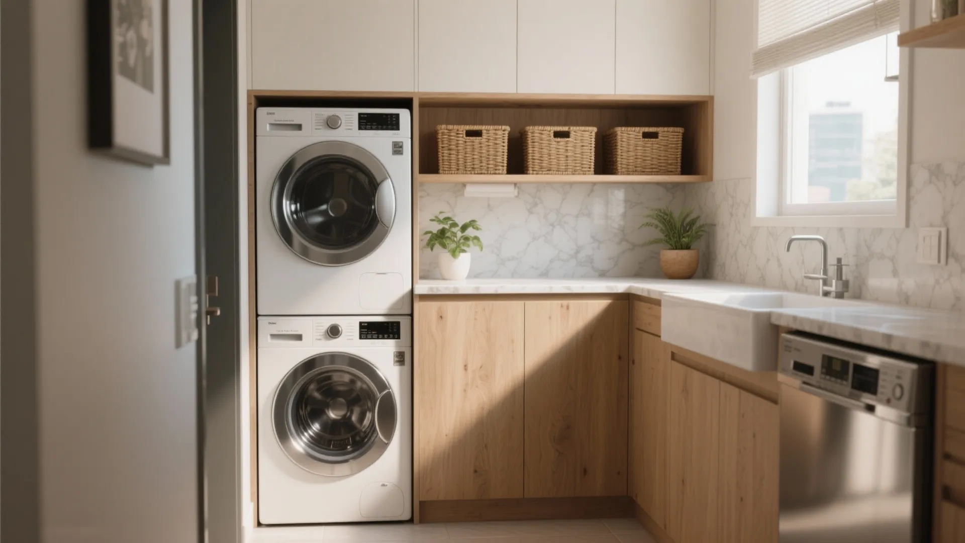 Modern laundry room featuring stacked white washing machine and dryer with wooden cabinets and sink