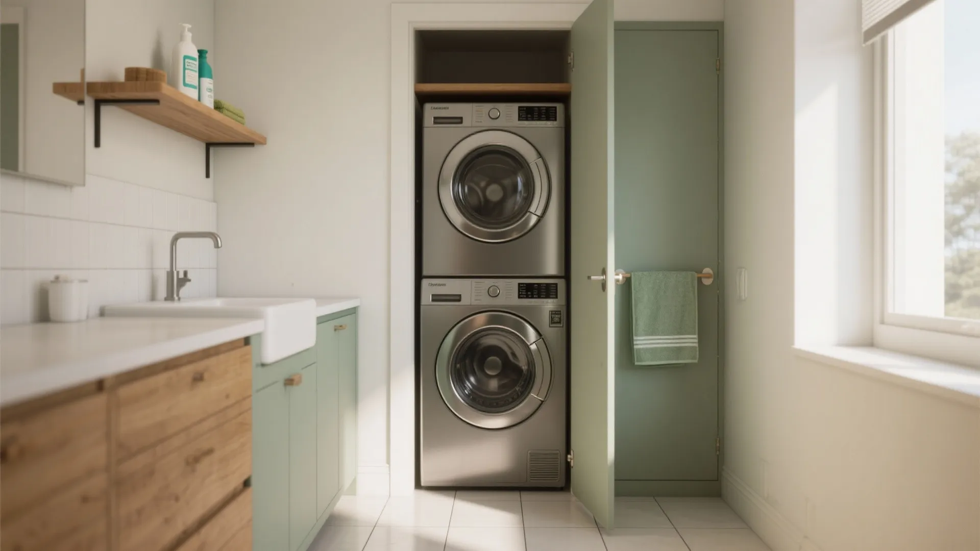 Modern laundry room with stacked washing machine and dryer next to a green cabinet sink