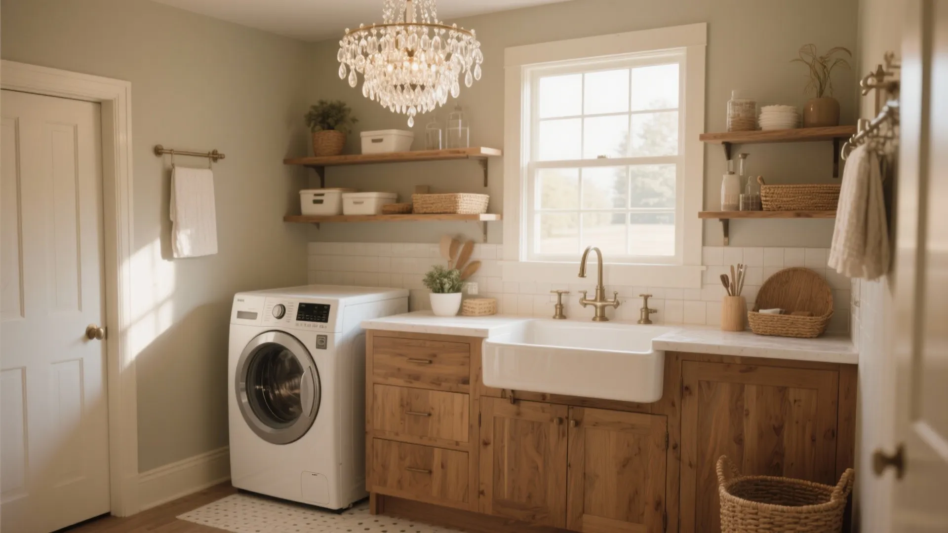 Laundry room with white washing machine, wooden cabinets, large white sink, wall shelves, ceiling light
