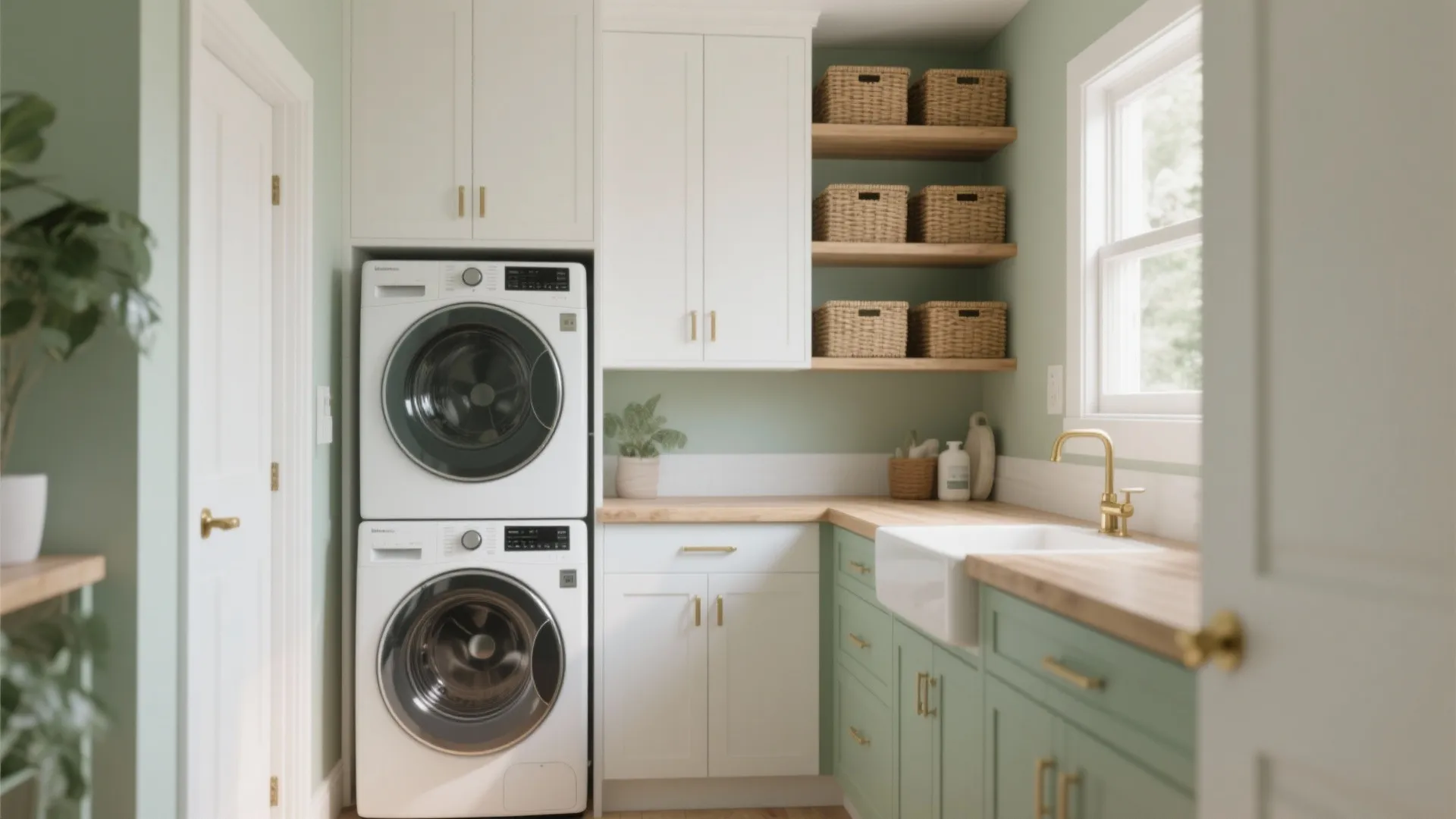 Light green laundry room with stacked washing machines white cabinets wood counters and gold faucet