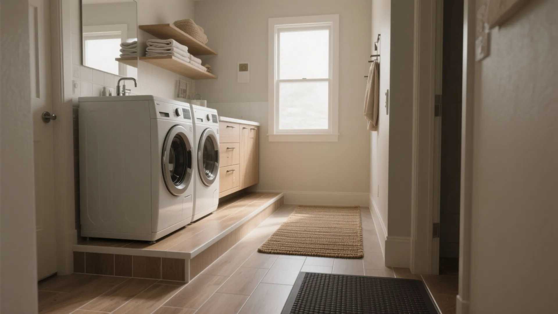 Laundry room interior with white washing machine and dryer on a raised wooden floor window