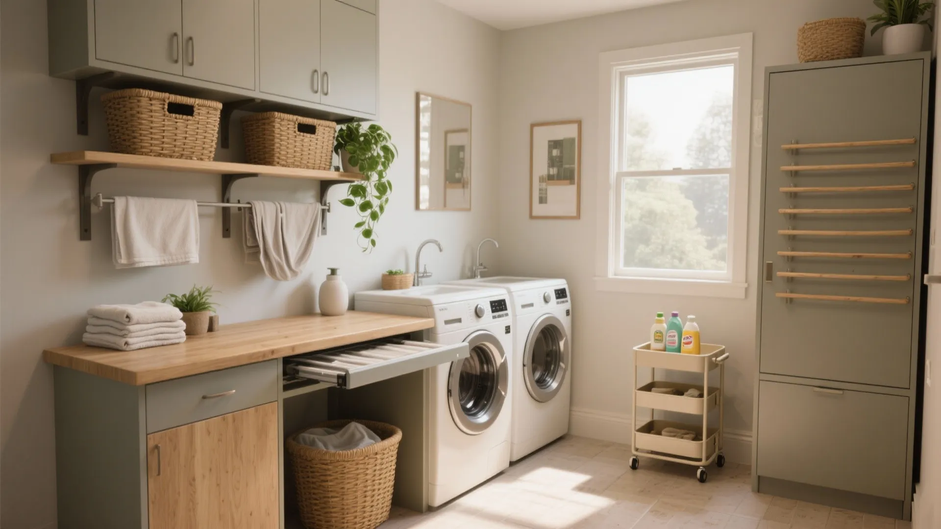 Modern laundry room featuring green cabinets washing machines wooden counters woven baskets and a bright window