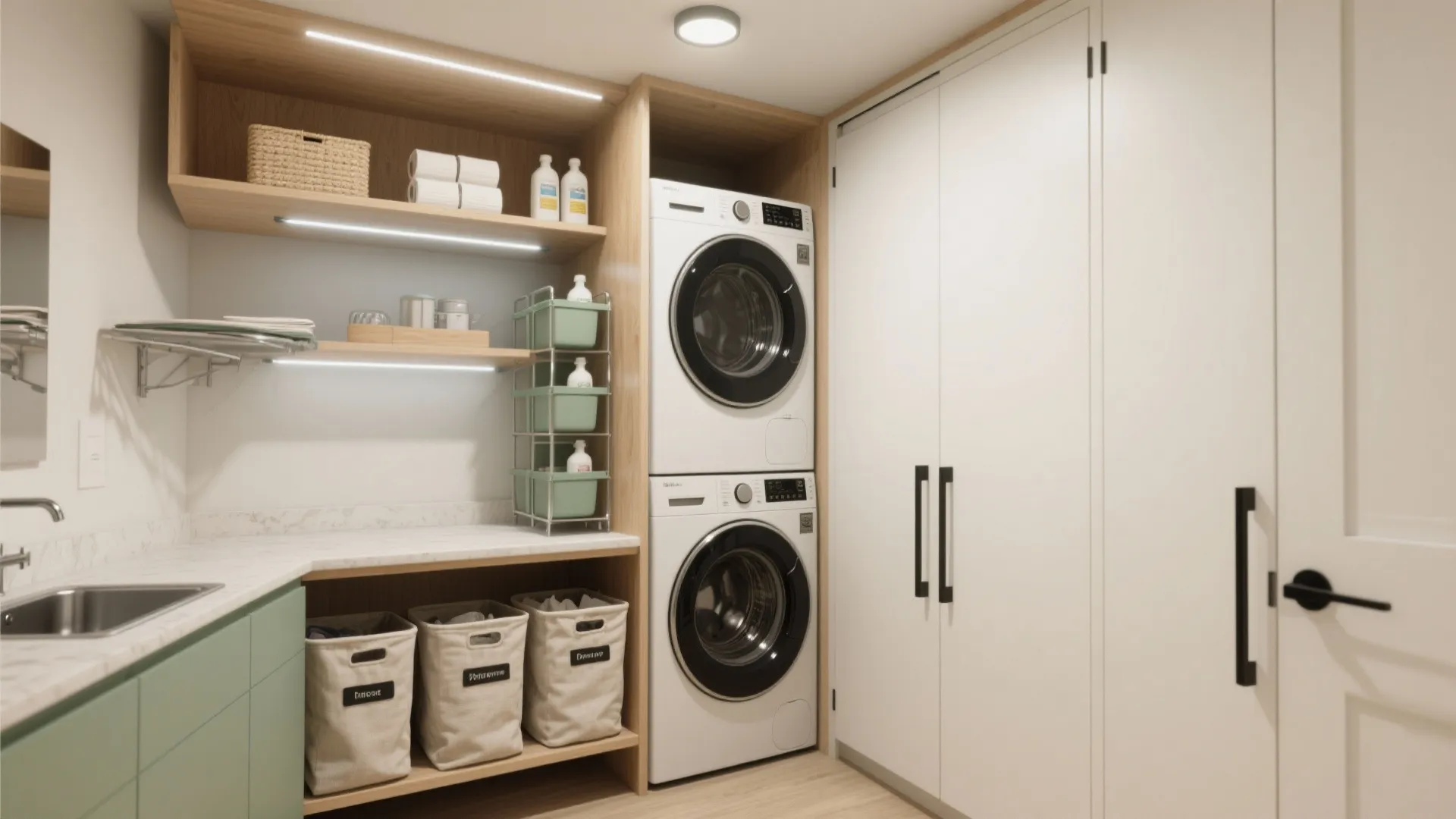 Organized small laundry room with stacked white machines green cabinets wood shelves and storage baskets