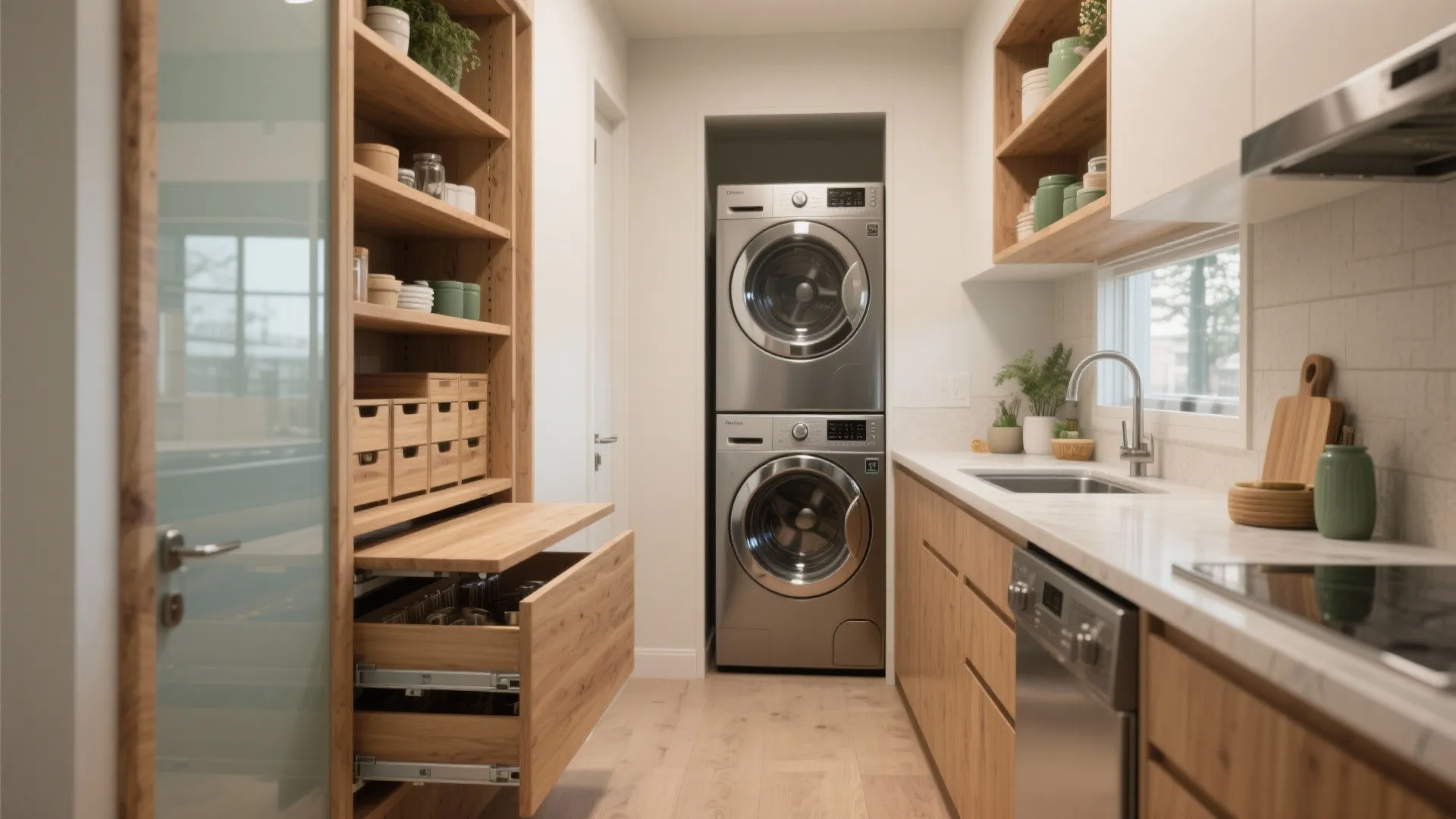 Small laundry area featuring stacked silver machines wooden cabinets white countertop sink and wooden flooring