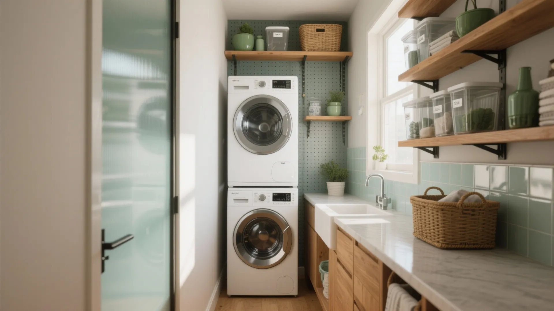 Small laundry room featuring stacked washing machines wooden shelves with baskets and a white sink