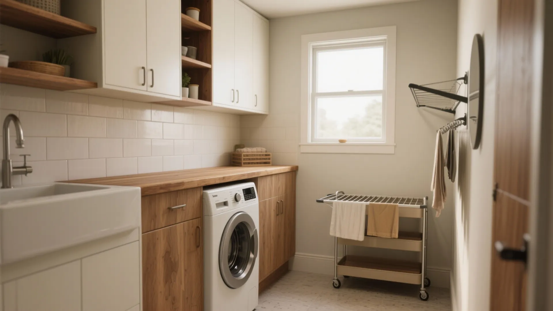 Bright laundry room with wooden countertop white cabinets washing machine window and portable clothes drying rack