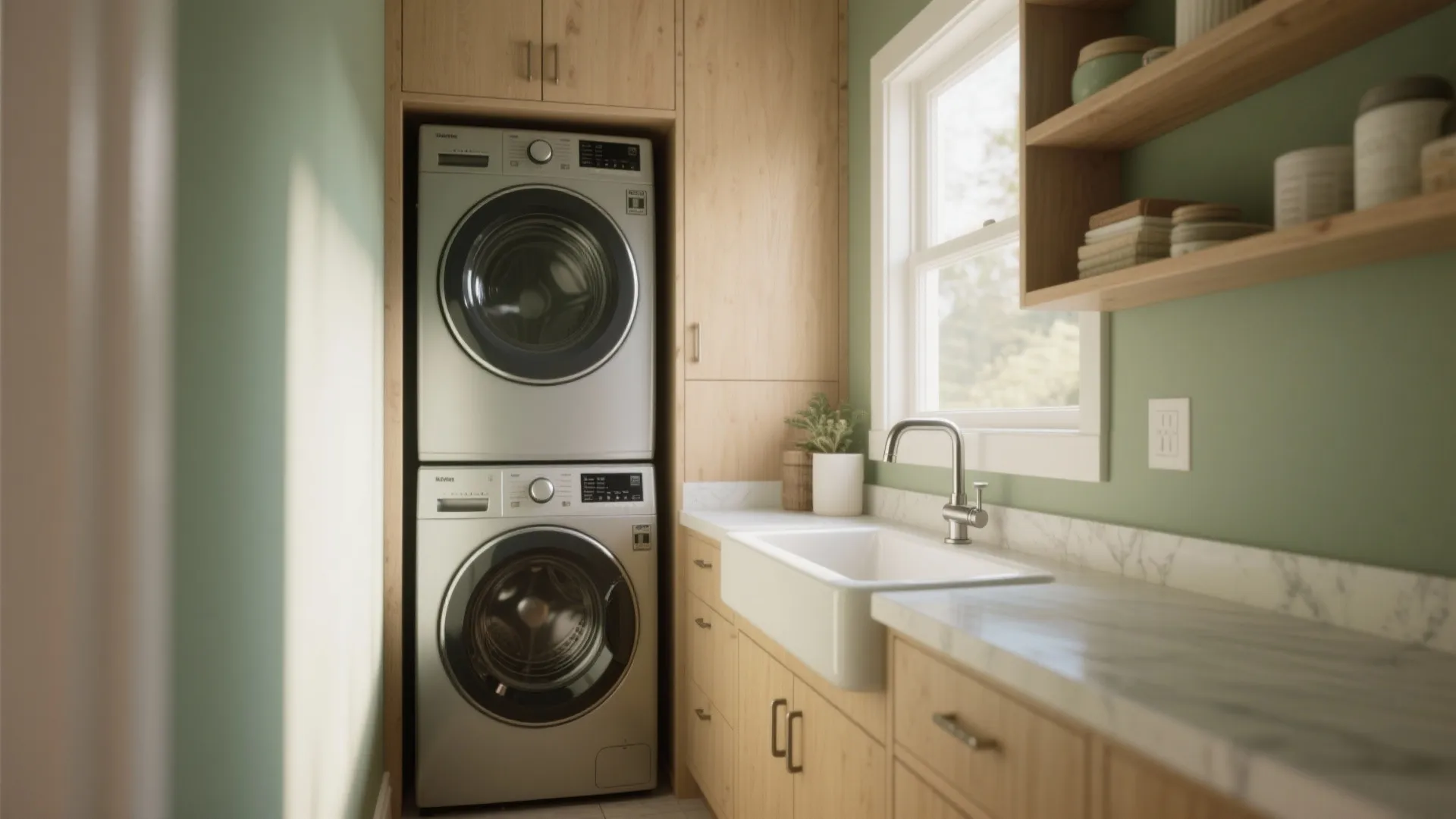 Small laundry area with wood cabinets green walls stacked silver machines and white farm sink